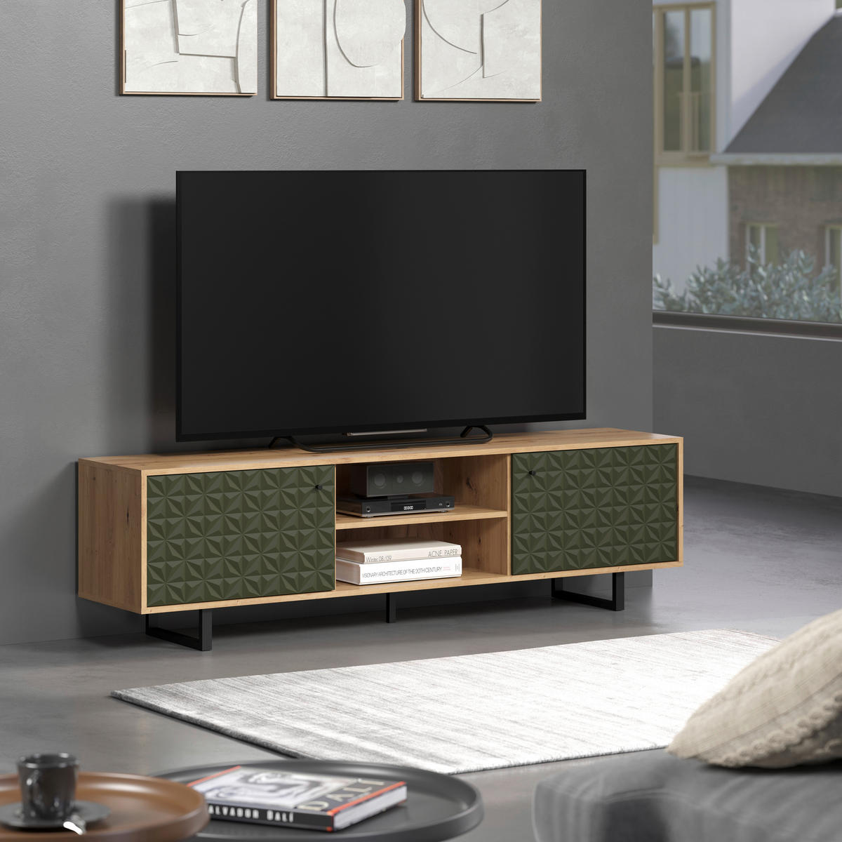 TV-Lowboard Sentra Eiche Artisan Nachbildung grün dunkel B/H/T: ca. 184x52x40 cm Sentra - Eiche/grün (184,00/52,00/40,00cm) - Trendteam