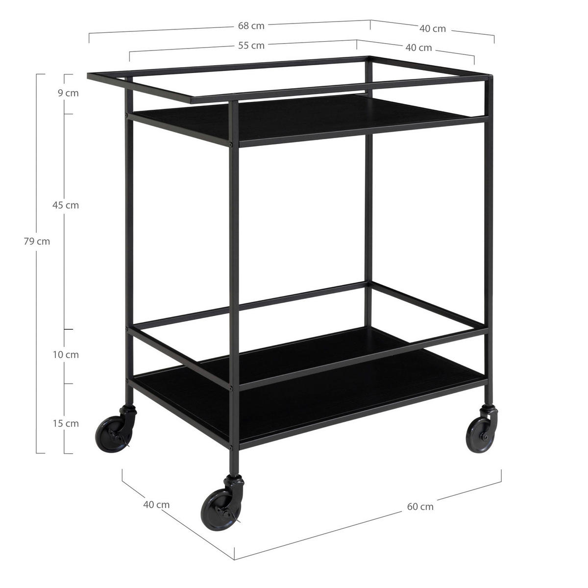 Servierwagen Vita schwarz Melamin B/H/L: ca. 68x79x40 cm Vita - schwarz (40,00/68,00/79,00cm)
