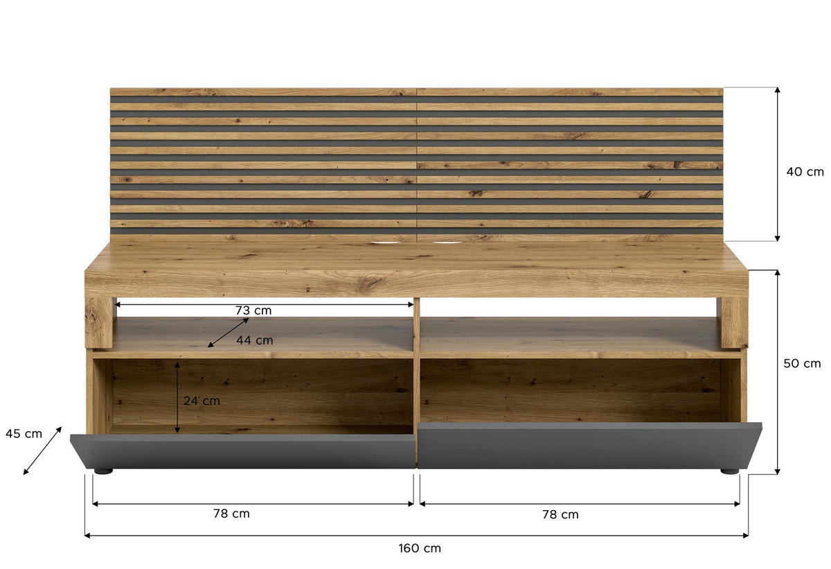 TV-Lowboard Okai anthrazit Eiche Artisan Nachbildung B/H/T: ca. 160x90x45 cm Okai - Eiche/anthrazit (160,00/90,00/45,00cm)