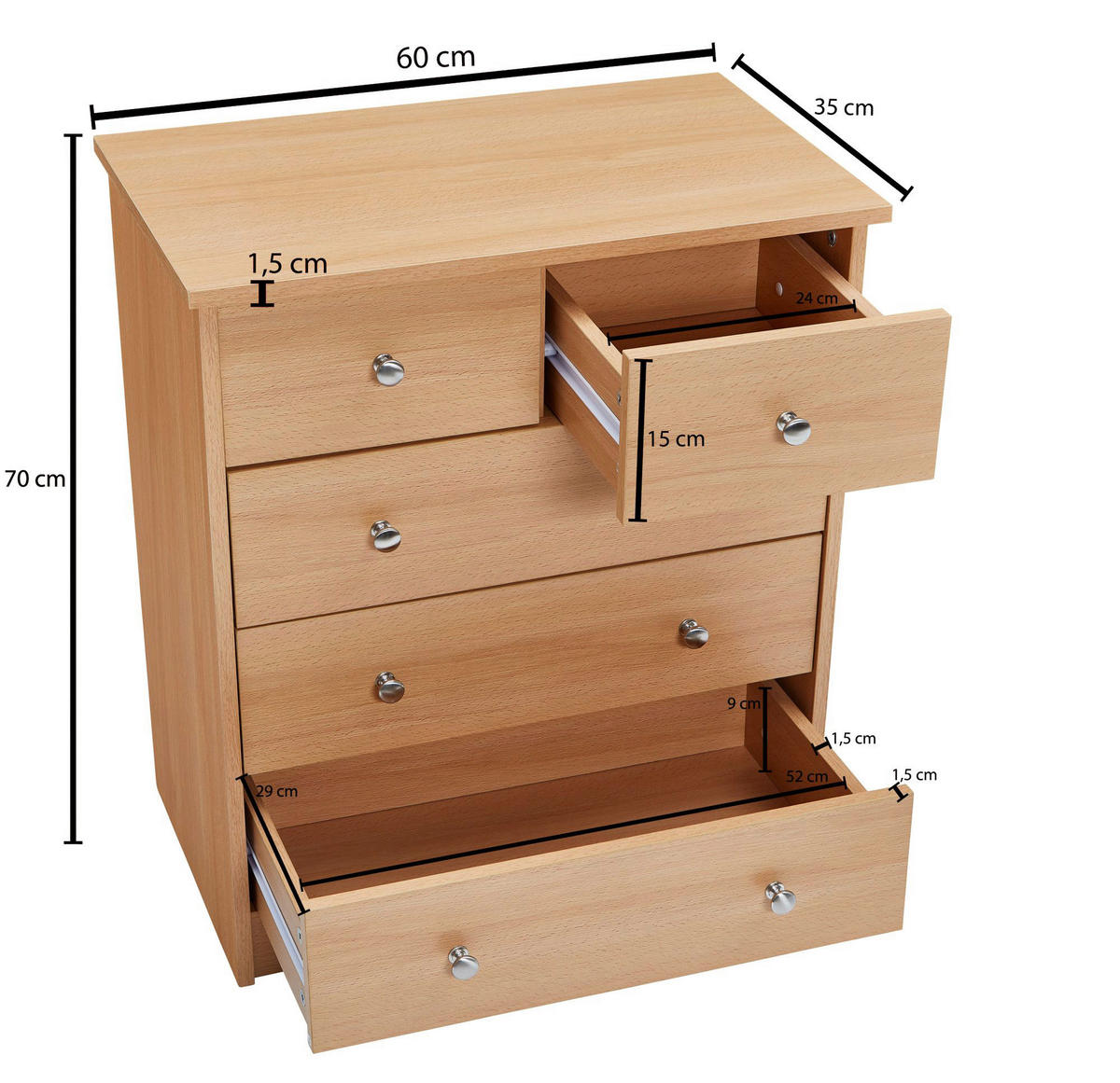 Kommode buche Alu Optik B/H/T: ca. 60x70x35 cm Kommode - buche/Alu (60,00/70,00/35,00cm) - Wohnling