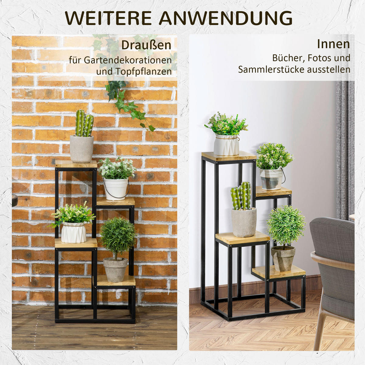 Outsunny Pflanzenständer schwarz Stahl B/H/L: ca. 34x66x34 cm Pflanzenständer - natur/schwarz (34,00/34,00/66,00cm) - Outsunny