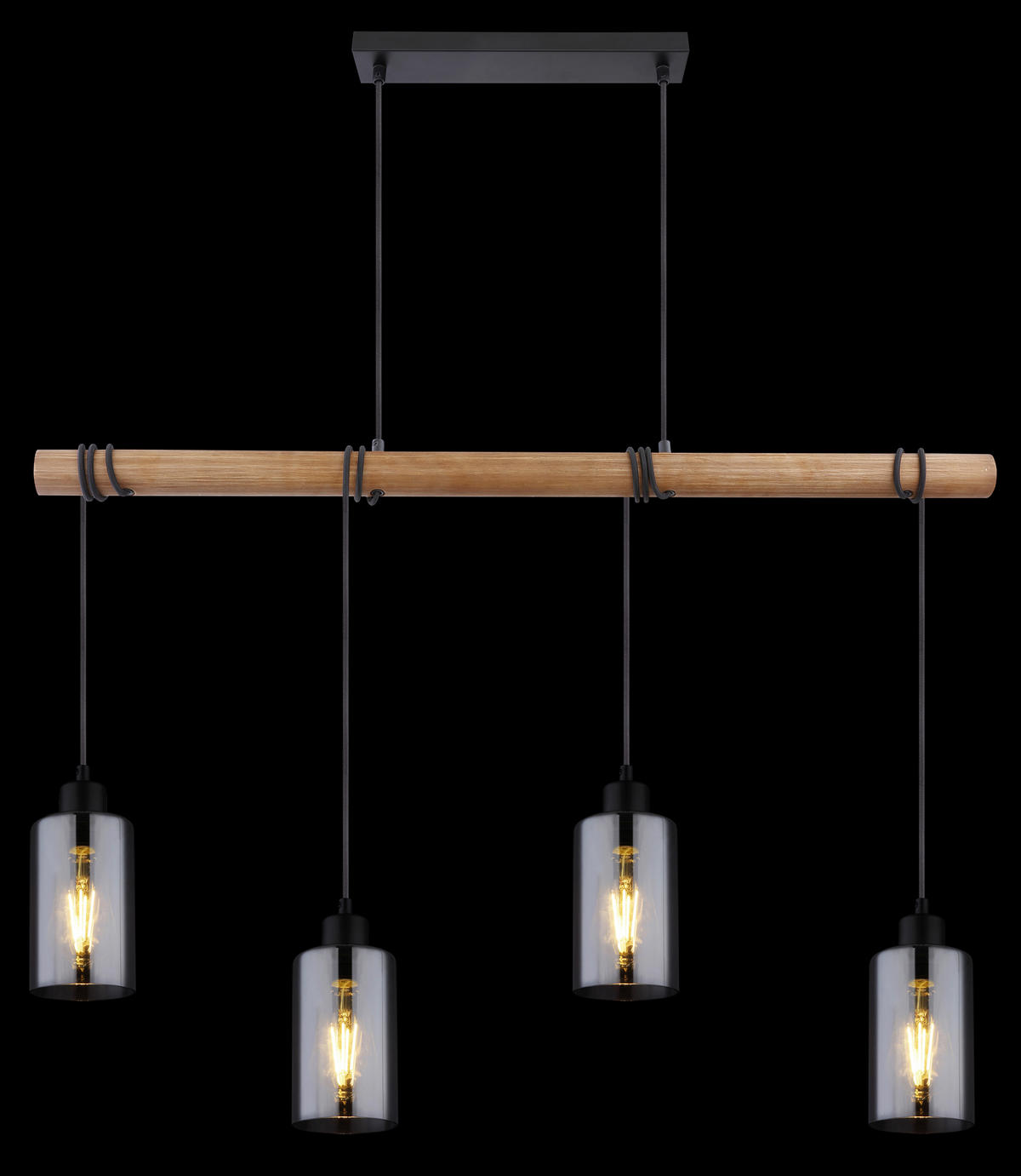 GLOBO Pendelleuchte HADERA 15465-4H1 schwarz natur Metall Holz Rauchglas B/H/T: ca. 98x130x15 cm E27 4 Brennstellen HADERA - natur/schwarz (98,00/130,00/15,00cm) - GLOBO