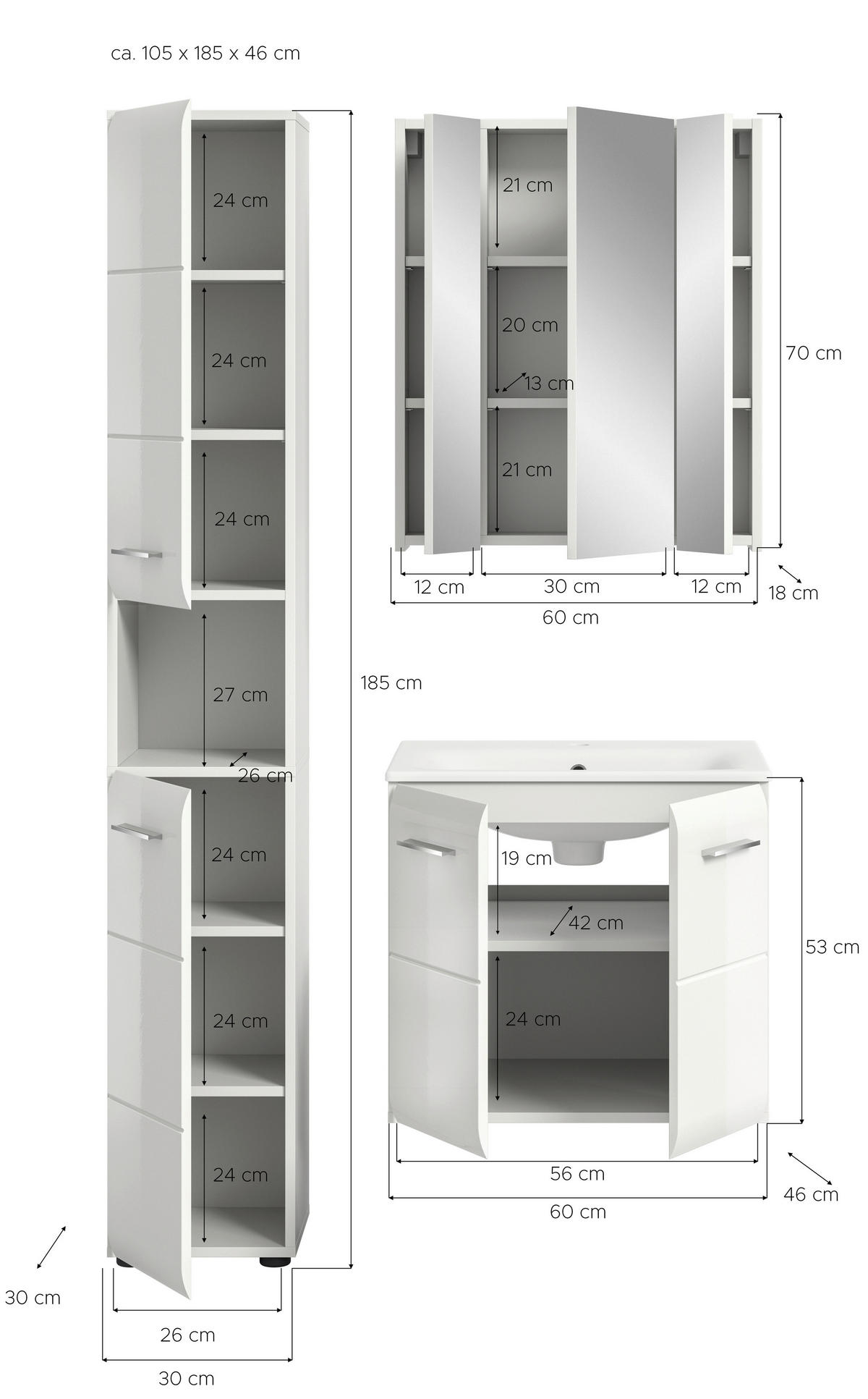 Badezimmer-Set Ice weiß weiß Hochglanz B/H/T: ca. 105x185x46 cm Ice - weiß (105,00/185,00/46,00cm) - xonox.home