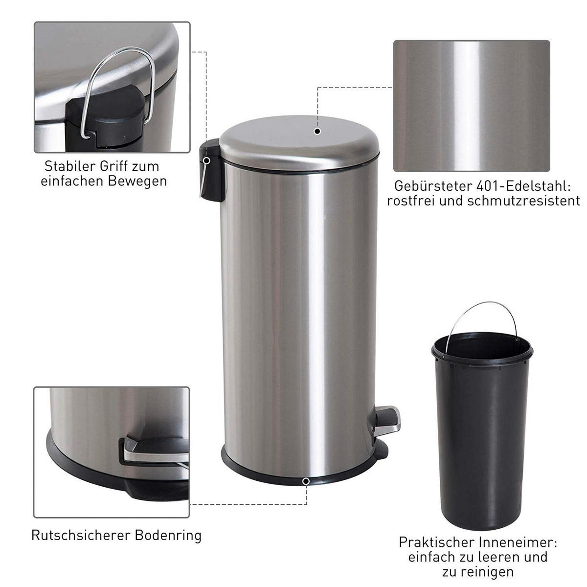 HOMCOM Pedal-Mülleimer silber H/D: ca. 62,9x29,2 cm Pedal-Mülleimer - schwarz/silber (29,20/62,90cm) - HOMCOM