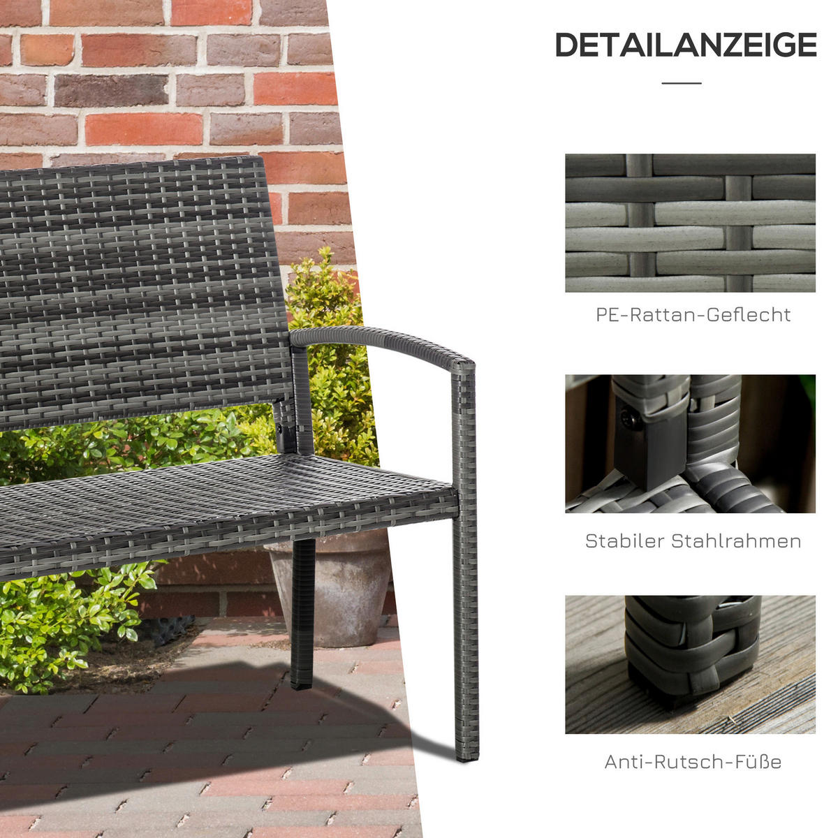 Outsunny Gartenbank grau Polyrattan B/H/L: ca. 60x122x85 cm Gartenbank - grau (85,00/60,00/122,00cm) - Outsunny