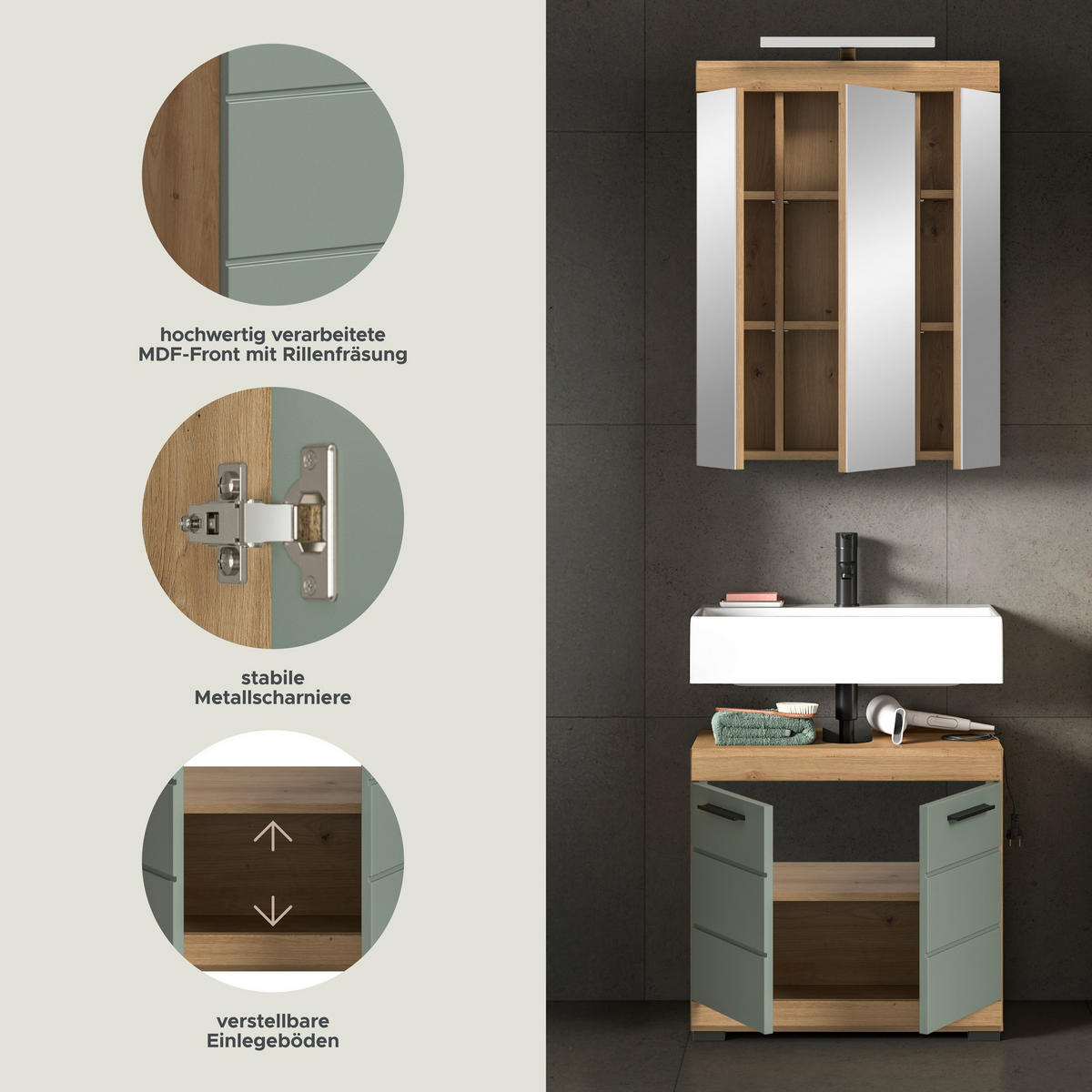 Badezimmer-Set Scout Eiche Artisan Nachbildung salbei Nachbildung B/H/T: ca. 60x191x34 cm Scout - Eiche/salbei (60,00/191,00/34,00cm) - xonox.home
