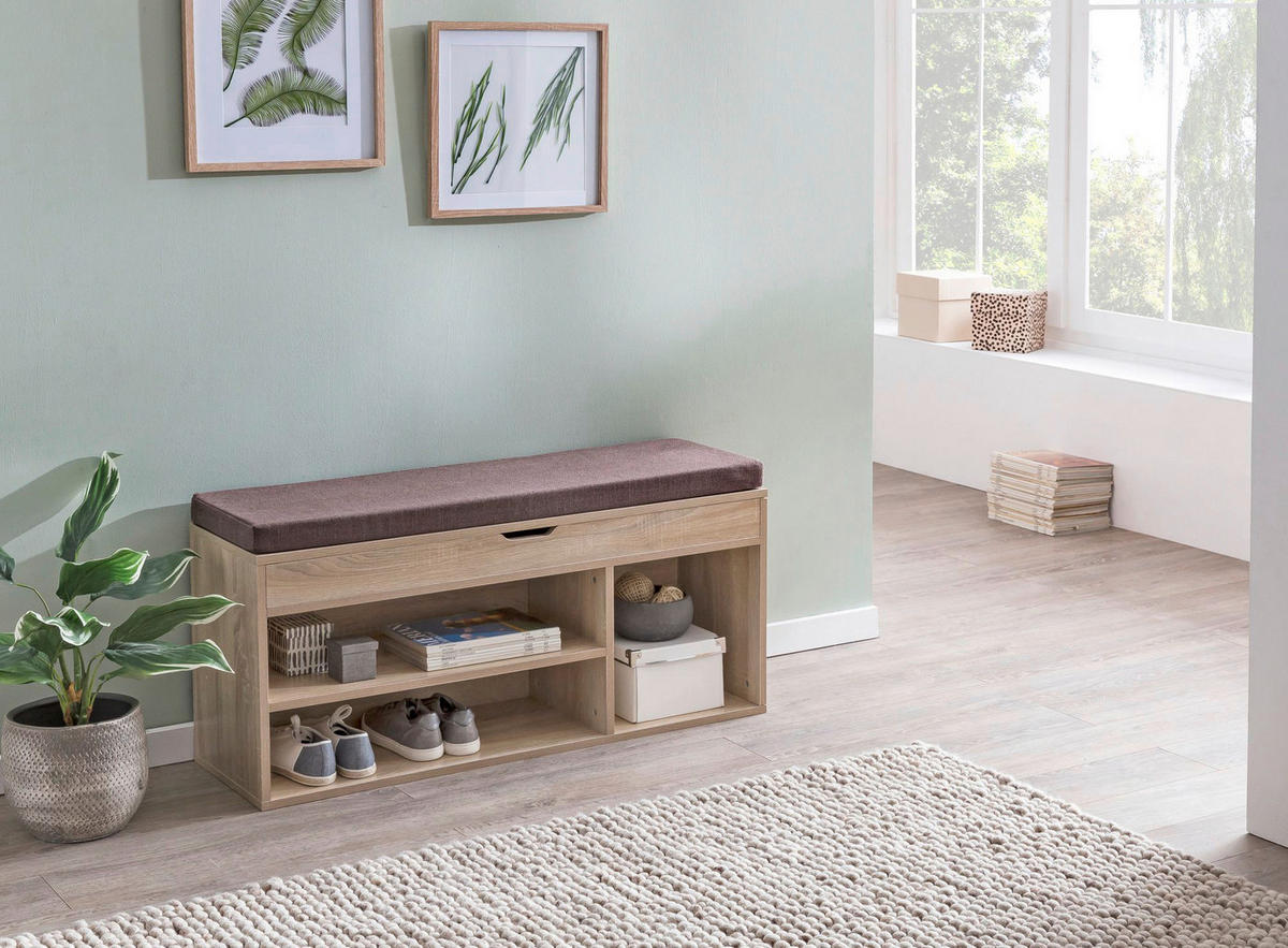 Schuhbank Eiche Sonoma Nachbildung braun B/H/T: ca. 104x51x32 cm Schuhbank - braun/Eiche (104,00/51,00/32,00cm) - Wohnling