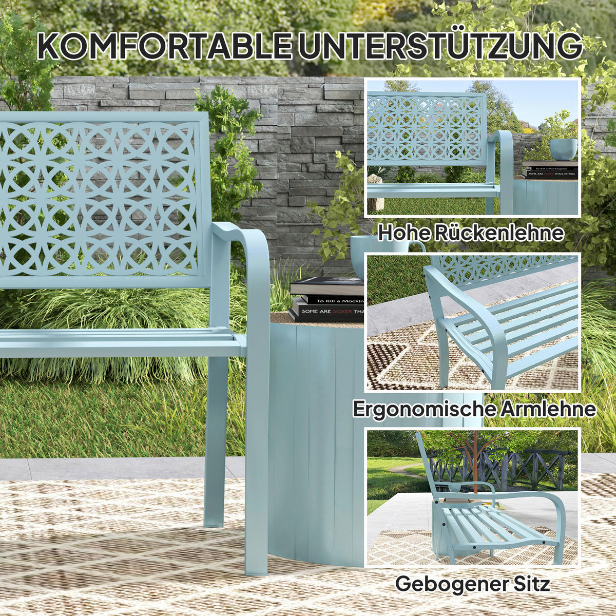 Outsunny Gartenbank blau Stahl B/H/L: ca. 63x85x127 cm Gartenbank - blau (127,00/63,00/85,00cm) - Outsunny