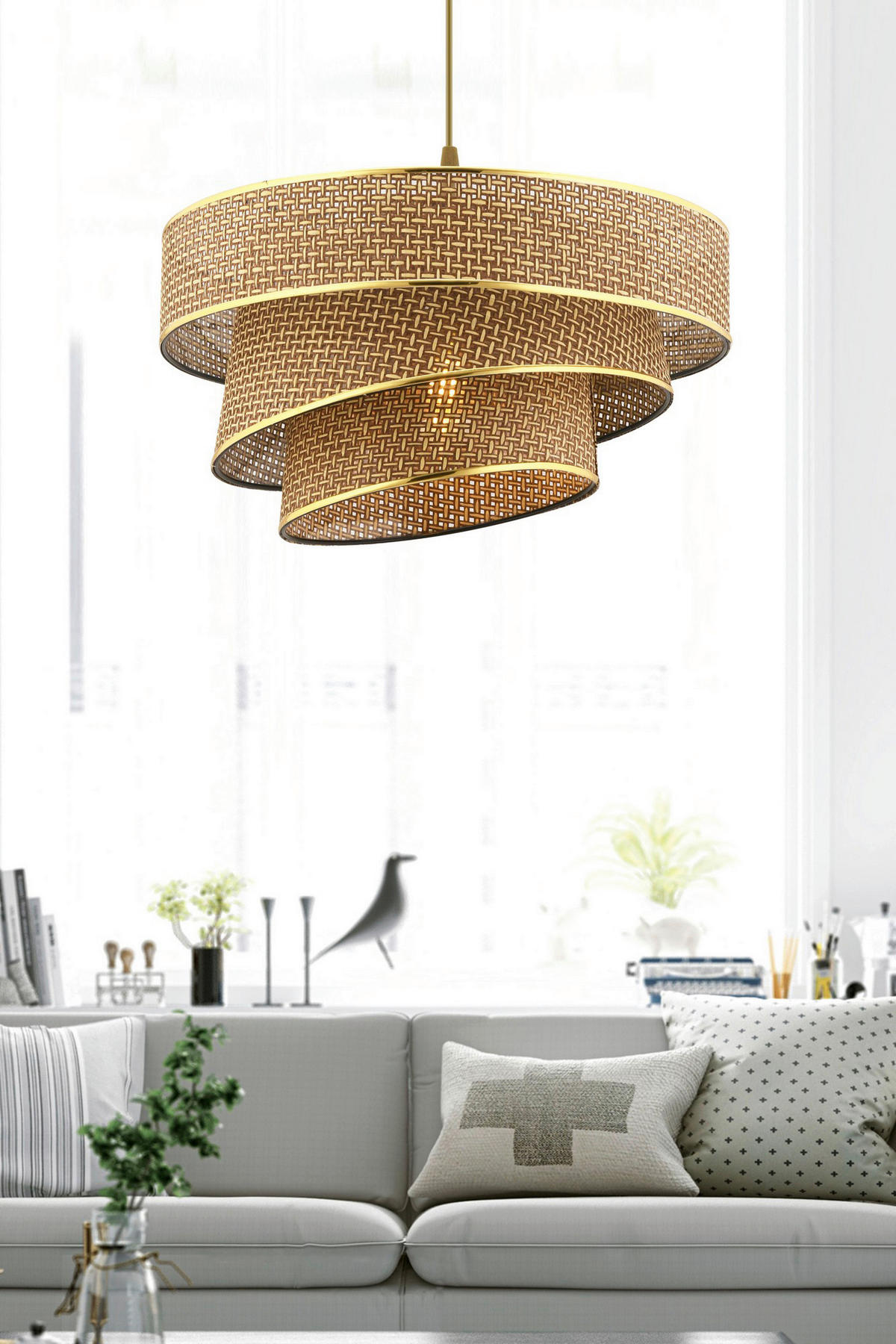 Opviq Pendelleuchte beige gold Metall Baumwolle B/H/L: ca. 40x72x40 cm E27 1 Brennstellen Couper Hazeran - beige/gold (40,00/40,00/72,00cm) - Opviq