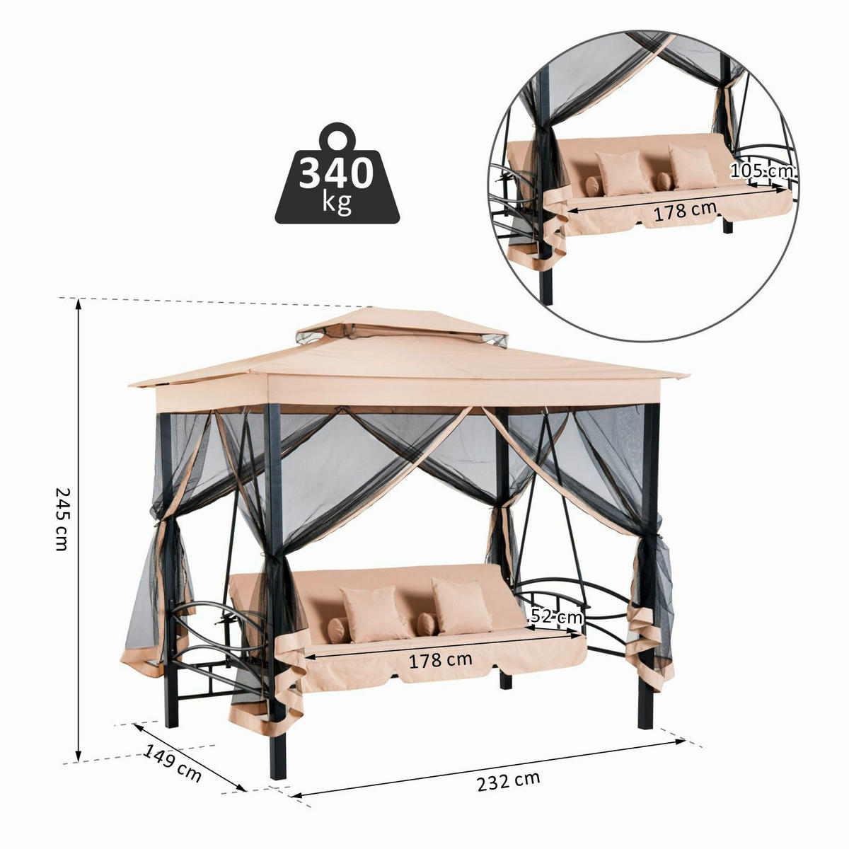 Outsunny Gartenschaukel beige Stahl B/H/T: ca. 232x245x149 cm Gartenschaukel - beige (232,00/245,00/149,00cm) - Outsunny