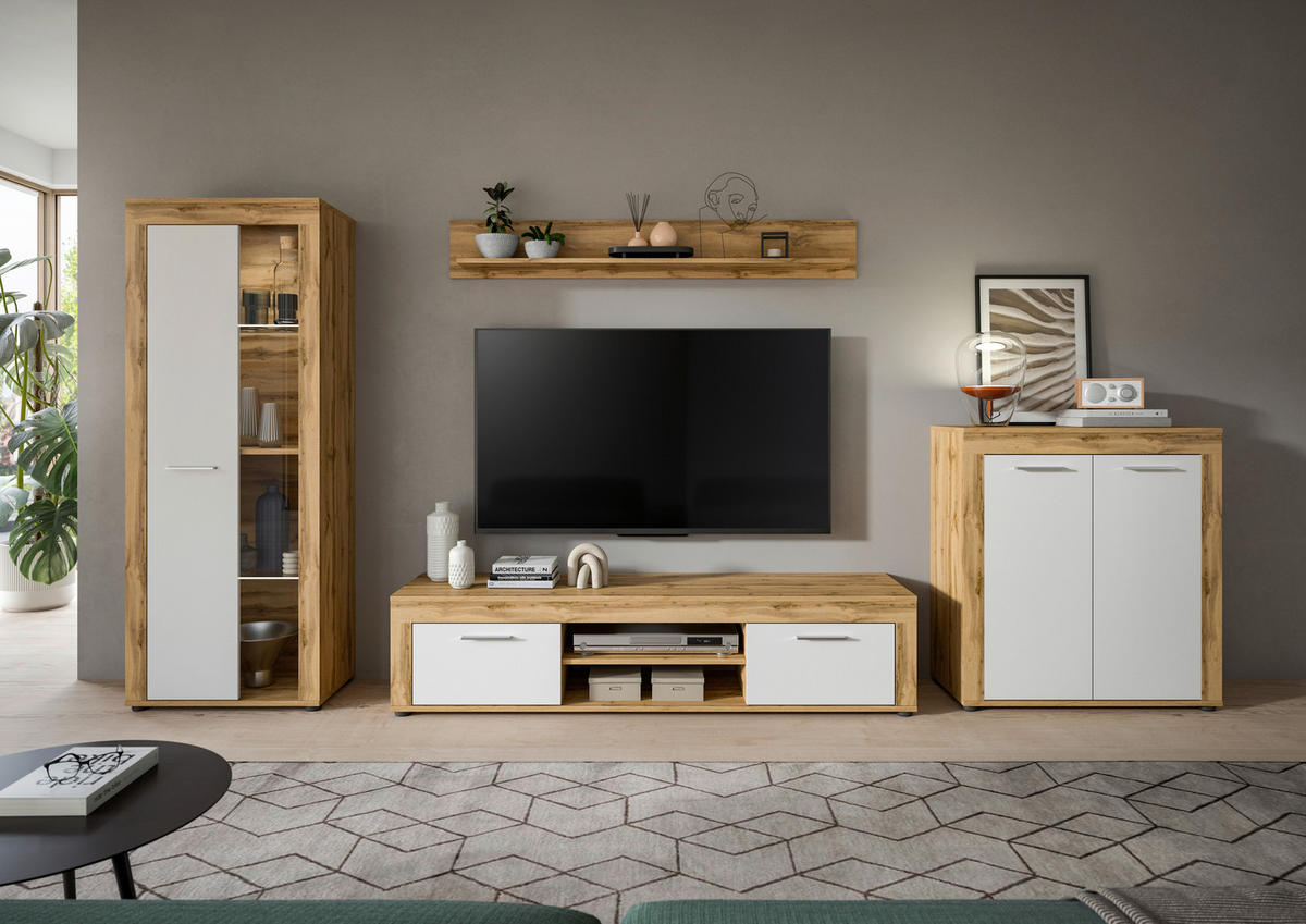 Wohnwand Jam Eiche Wotan Nachbildung weiß B/H/T: ca. 330x159x35 cm Jam - Eiche/weiß (330,00/159,00/35,00cm) - xonox.home