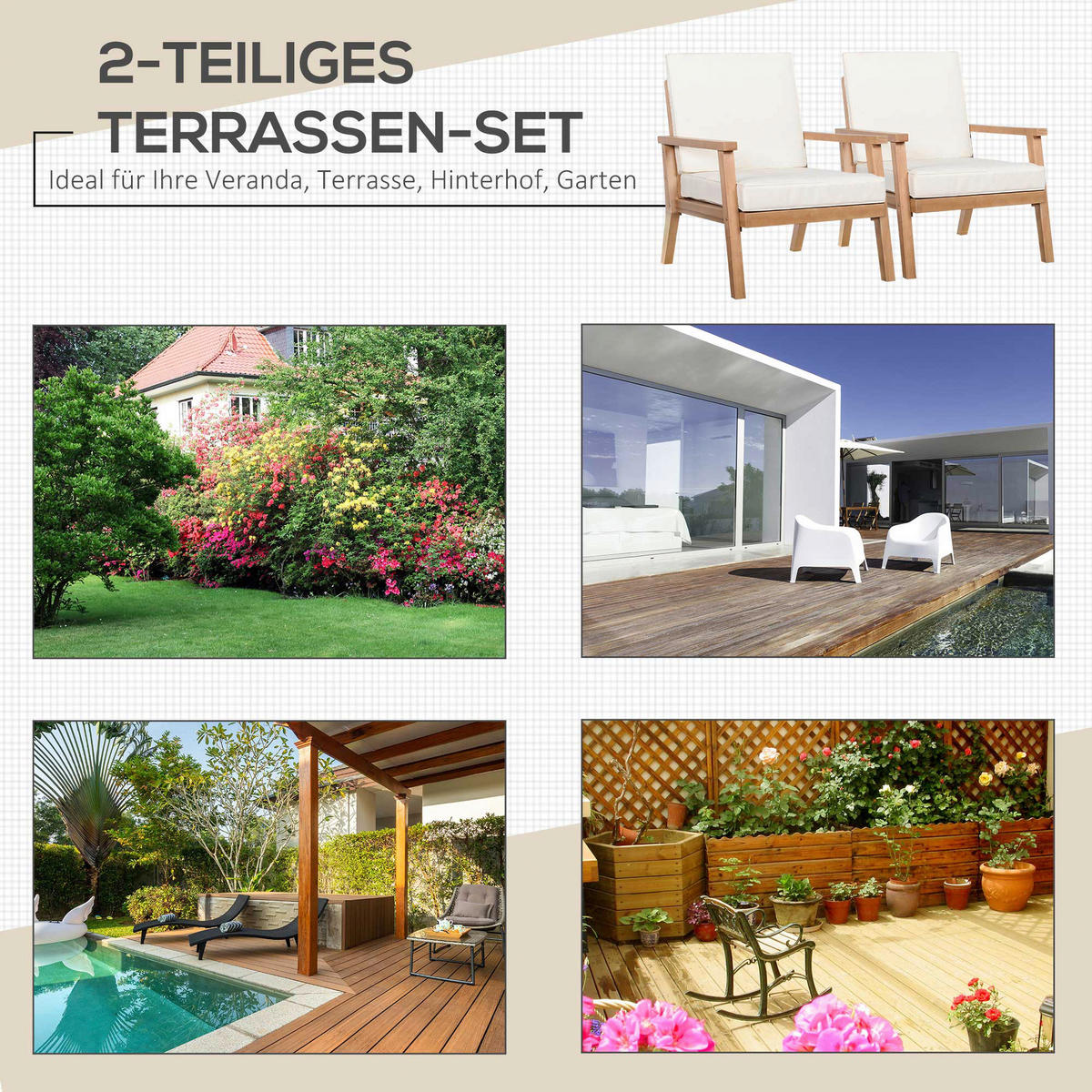 Outsunny Gartenstühle mit Kissen beige Holz B/H/L: ca. 77,5x74,5x66 cm Gartenstühle_mit_Kissen - beige/braun (66,00/77,50/74,50cm) - Outsunny