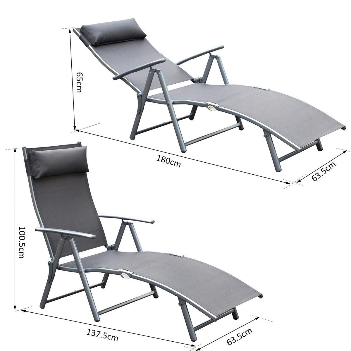 Outsunny Gartenliege grau Metall B/H/L: ca. 63,5x100,5x137 cm Gartenliege_mit_Kissen - grau (137,00/63,50/100,50cm) - Outsunny
