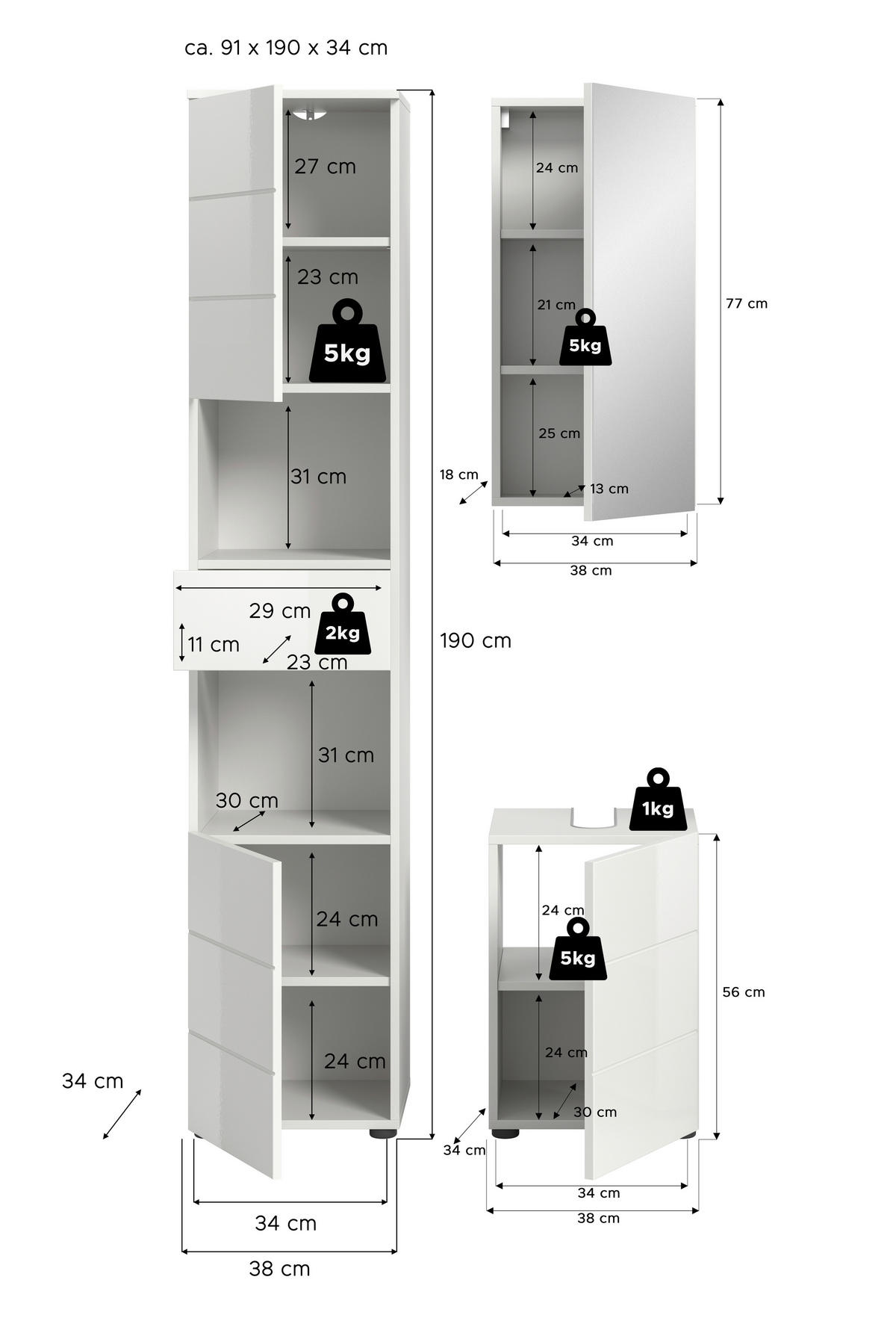Badezimmer-Set VIRA weiß weiß Hochglanz B/H/T: ca. 91x190x34 cm VIRA - weiß (91,00/190,00/34,00cm) - xonox.home
