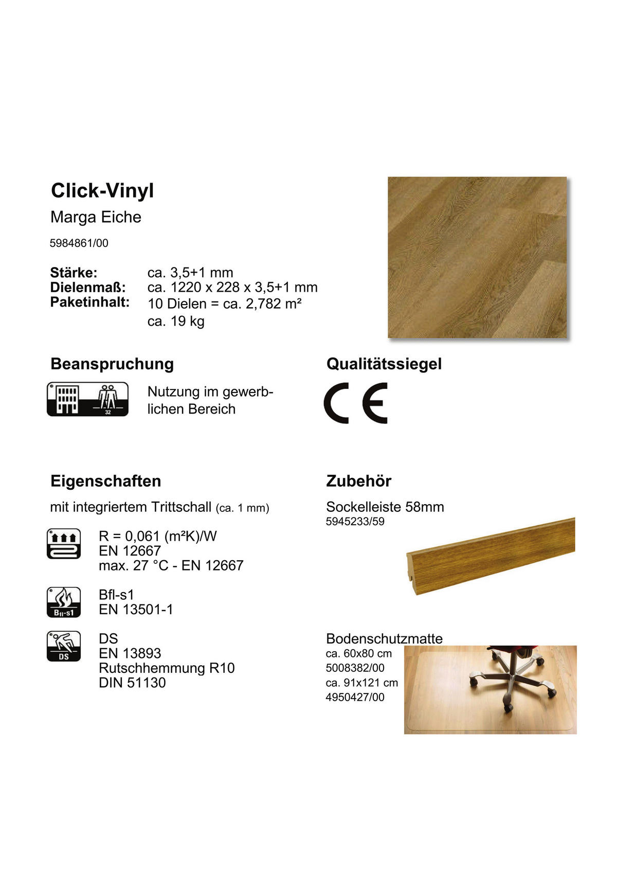 Click-Vinylboden Marga ca. 2,782 m² im Paket  B/L: ca. 22,8x122 cm pro Paket Marga ca. 2,782 m² im Paket - (22,80/122,00cm)