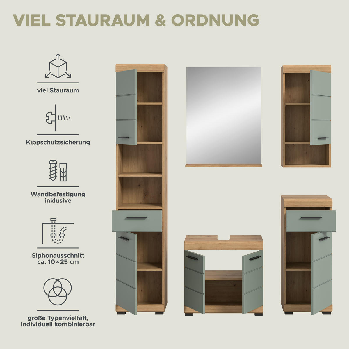 Badezimmer-Set Scout Eiche Artisan Nachbildung salbei Nachbildung B/H/T: ca. 164x191x34 cm Scout - Eiche/salbei (164,00/191,00/34,00cm) - xonox.home