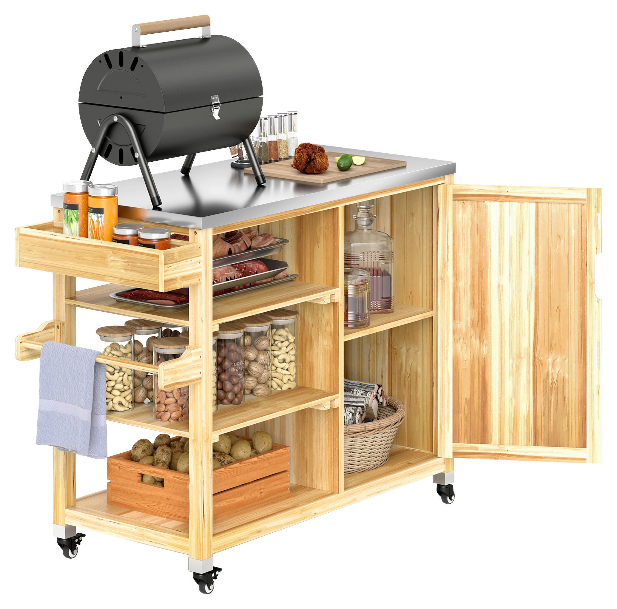 Outsunny Grillwagen Holz B/H/L: ca. 50x91,5x134,5 cm Grillwagen - natur (134,50/50,00/91,50cm) - Outsunny