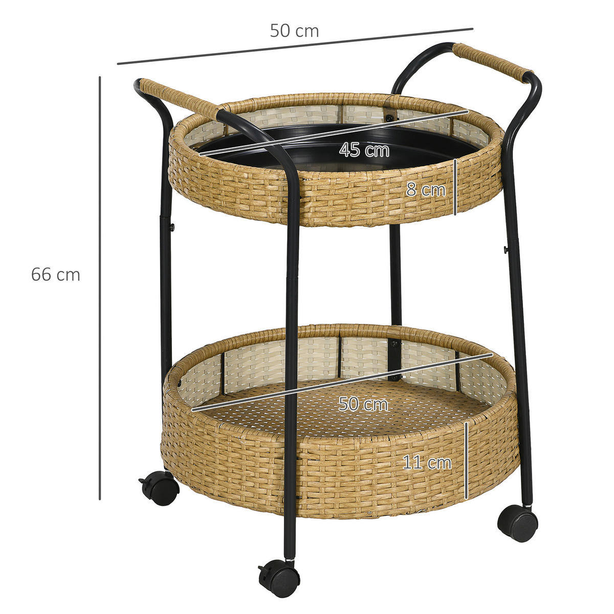 Outsunny Servierwagen gelb Edelstahl B/H/L: ca. 50x50x66 cm Rattan_Serving_Cart - gelb (66,00/50,00/50,00cm) - Outsunny
