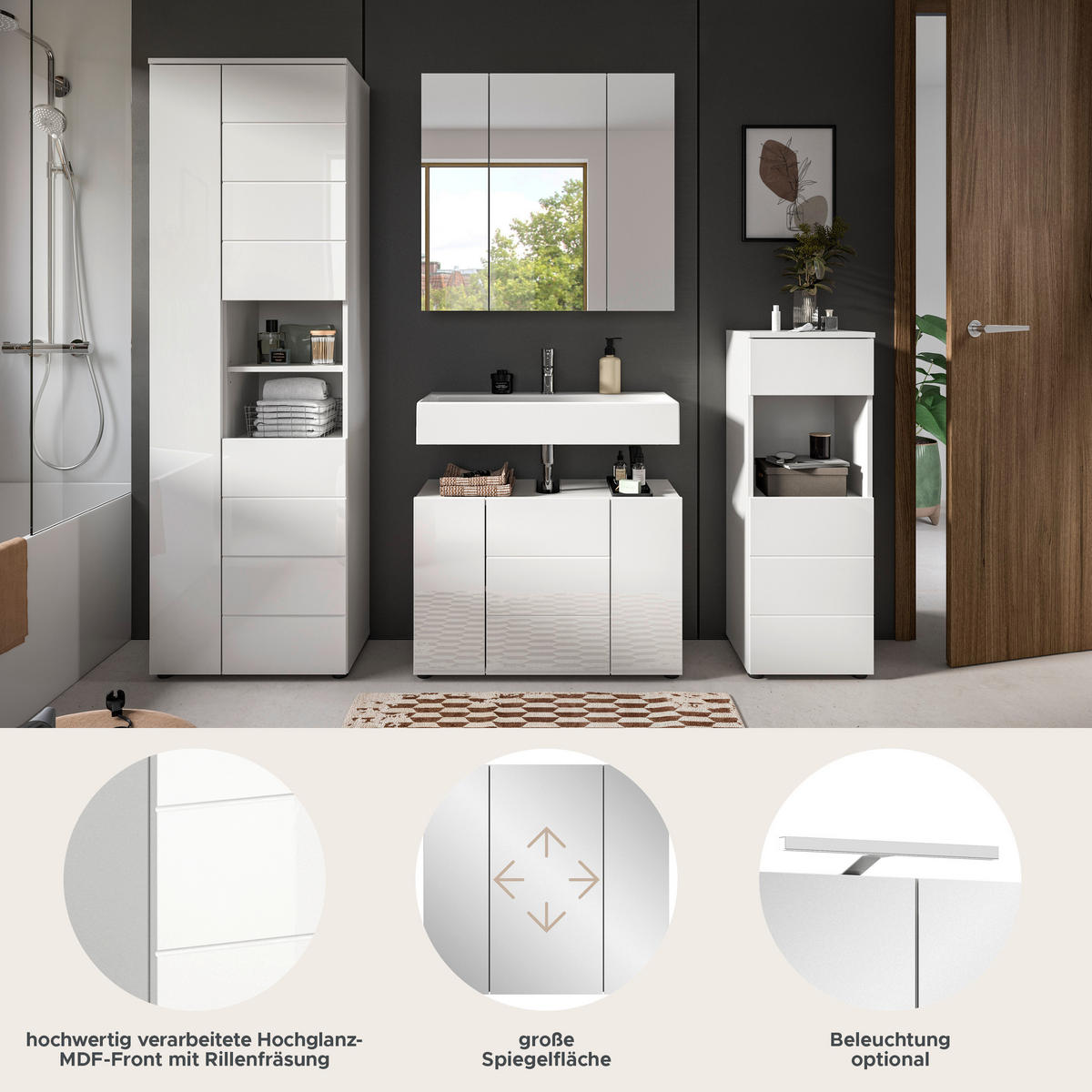 Badezimmer-Set VIRA weiß weiß Hochglanz B/H/T: ca. 210x190x34 cm VIRA - weiß (210,00/190,00/34,00cm) - xonox.home