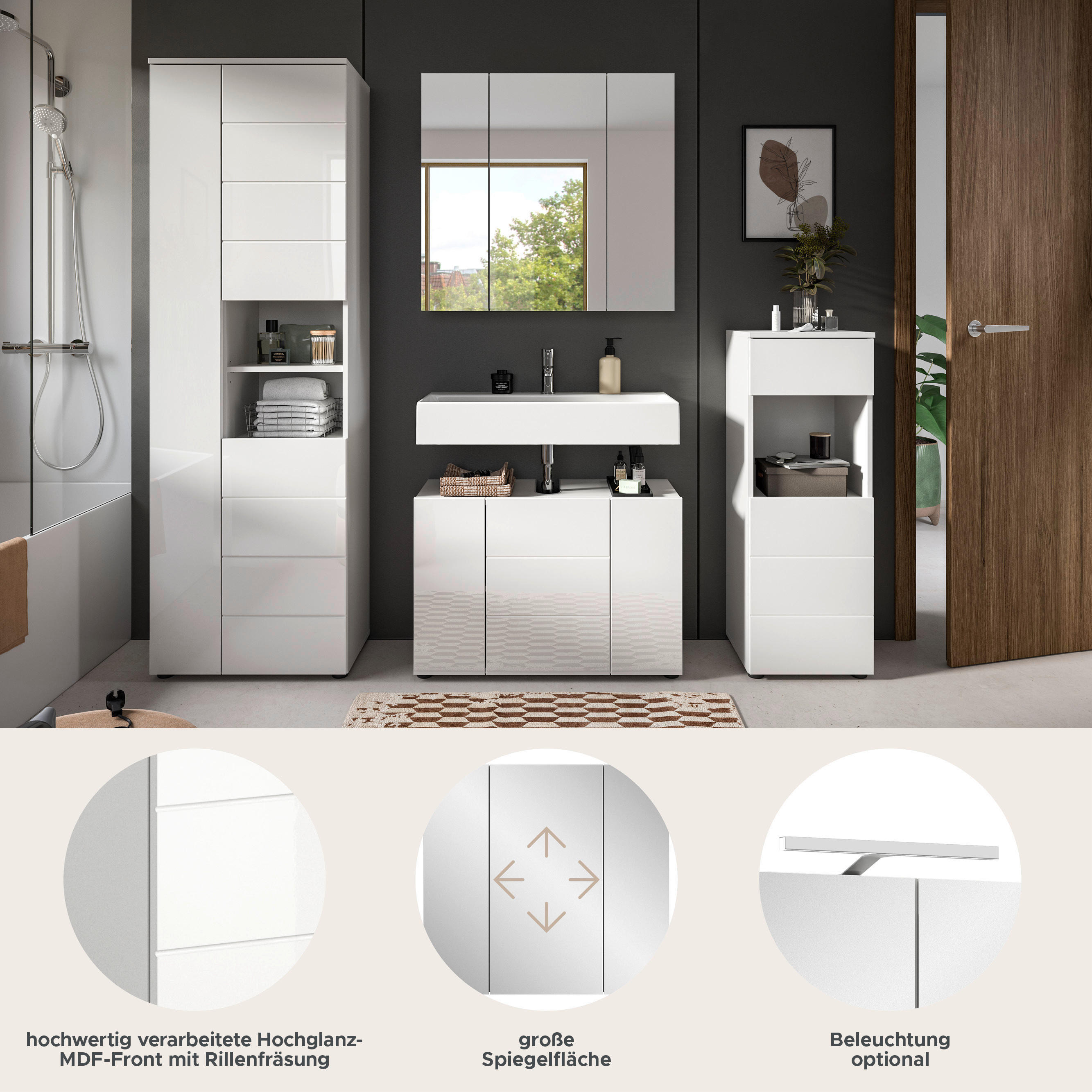 Thumbnail - Badezimmer-Set VIRA weiß weiß Hochglanz B/H/T: ca. 210x190x34 cm