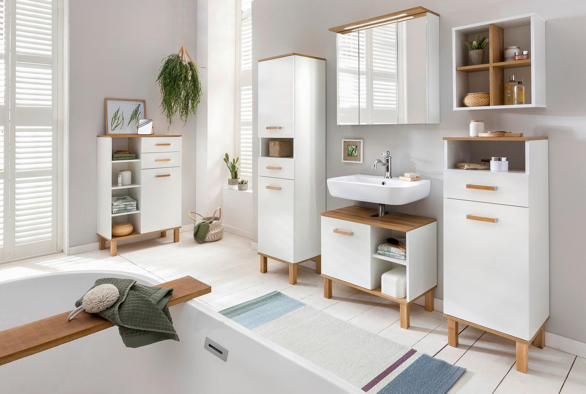 Midischrank Padua weiß glanz Eiche Landhaus Nachbildung B/H/T: ca. 67x114,5x35 cm Padua - Eiche/weiß (67,00/114,50/35,00cm) - Möbelpartner