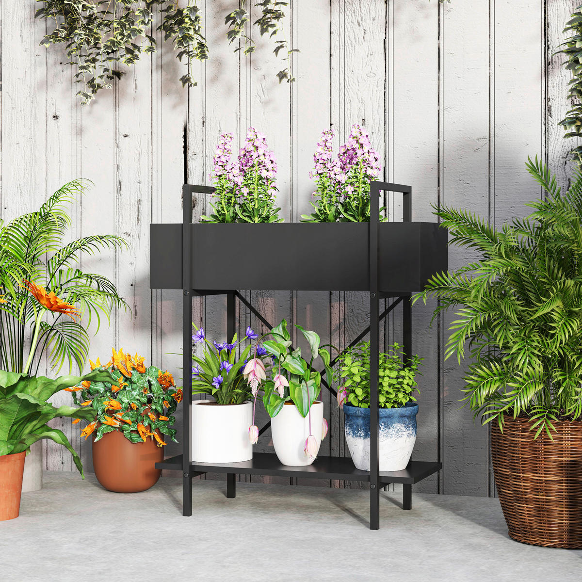 Outsunny Pflanzenständer schwarz Metall B/H/L: ca. 25x70x60 cm Pflanzenständer - schwarz (60,00/25,00/70,00cm) - Outsunny