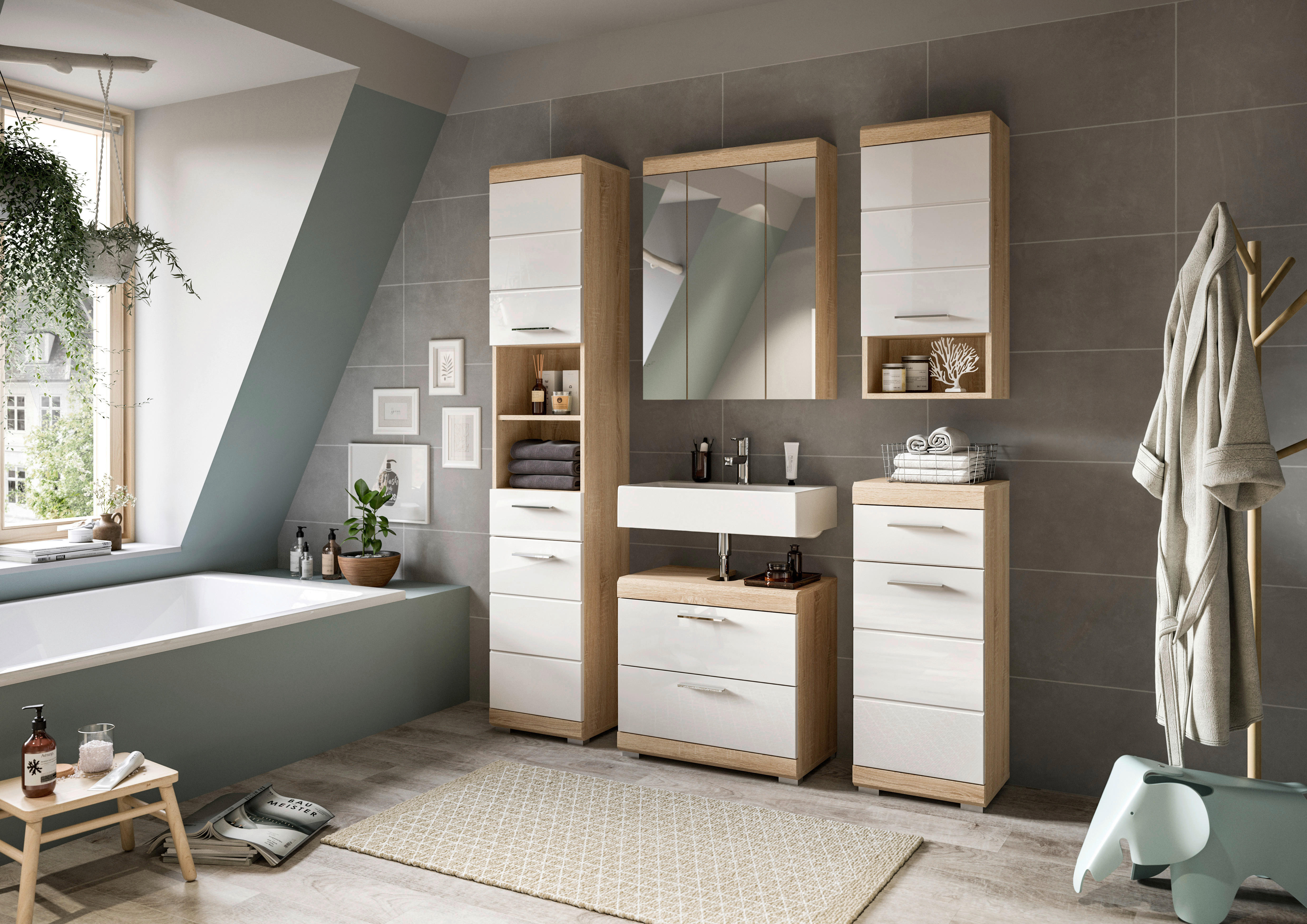 Waschbeckenunterschrank Lambada Eiche Sonoma Nachbildung weiß Hochglanz B/H/T: ca. 60x56x37 cm Lambada - Eiche/weiß (60,00/56,00/37,00cm) - xonox.home