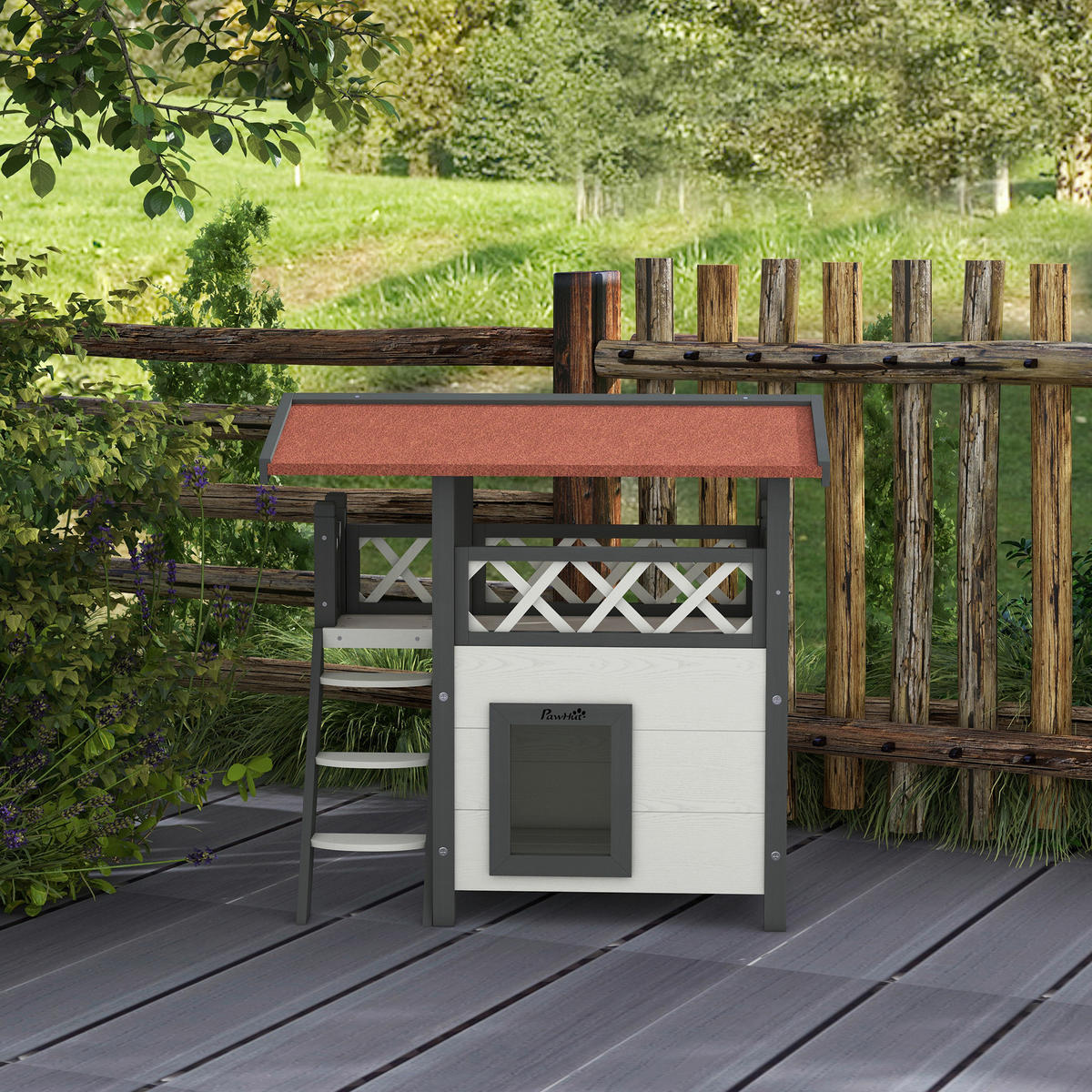 PawHut Katzen-Zubehör weiß Polypropylen B/H/L: ca. 50x77x73 cm Katzenhaus - weiß/rot (73,00/50,00/77,00cm) - PawHut