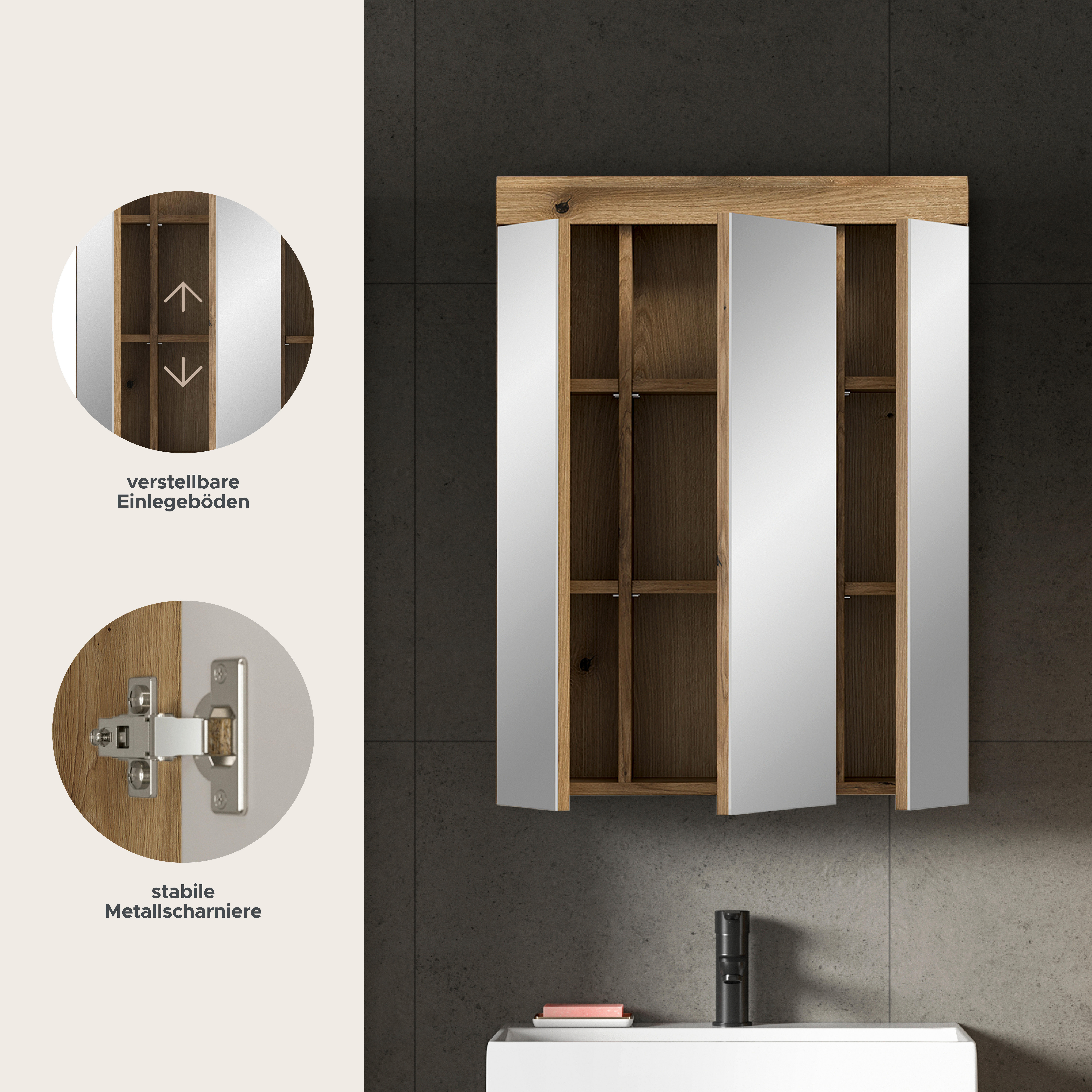 Thumbnail - Spiegelschrank Scout Evoke Oak Nachbildung Spiegel B/H/T: ca. 60x79x18 cm