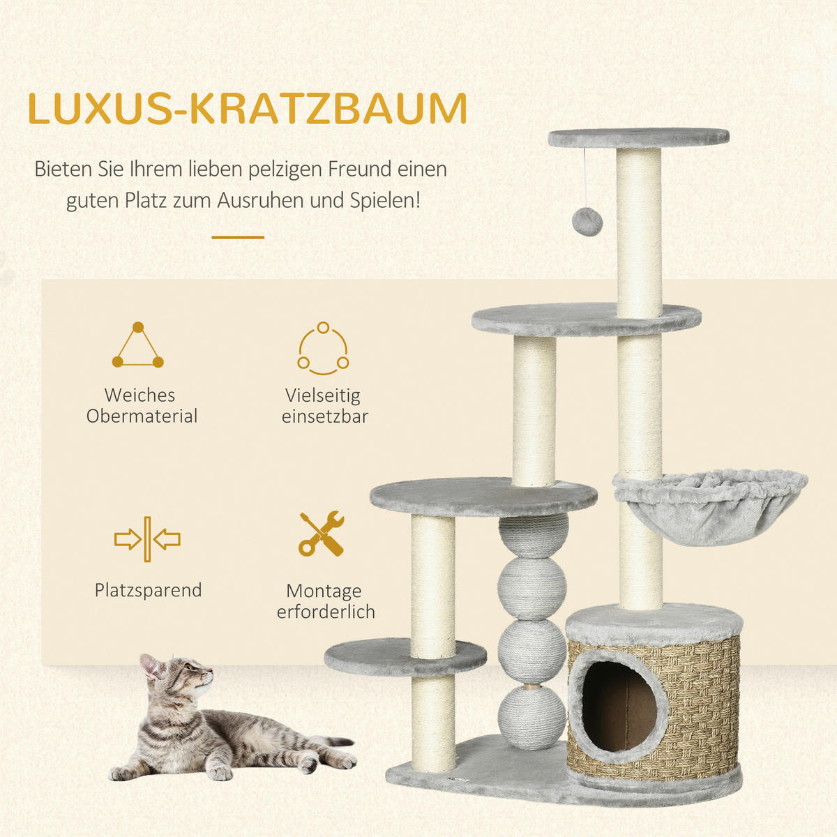 PawHut Kratzbaum hellgrau Polypropylen B/H/L: ca. 40x60x115,5 cm Kratzbaum - hellgrau (115,50/40,00/60,00cm) - PawHut