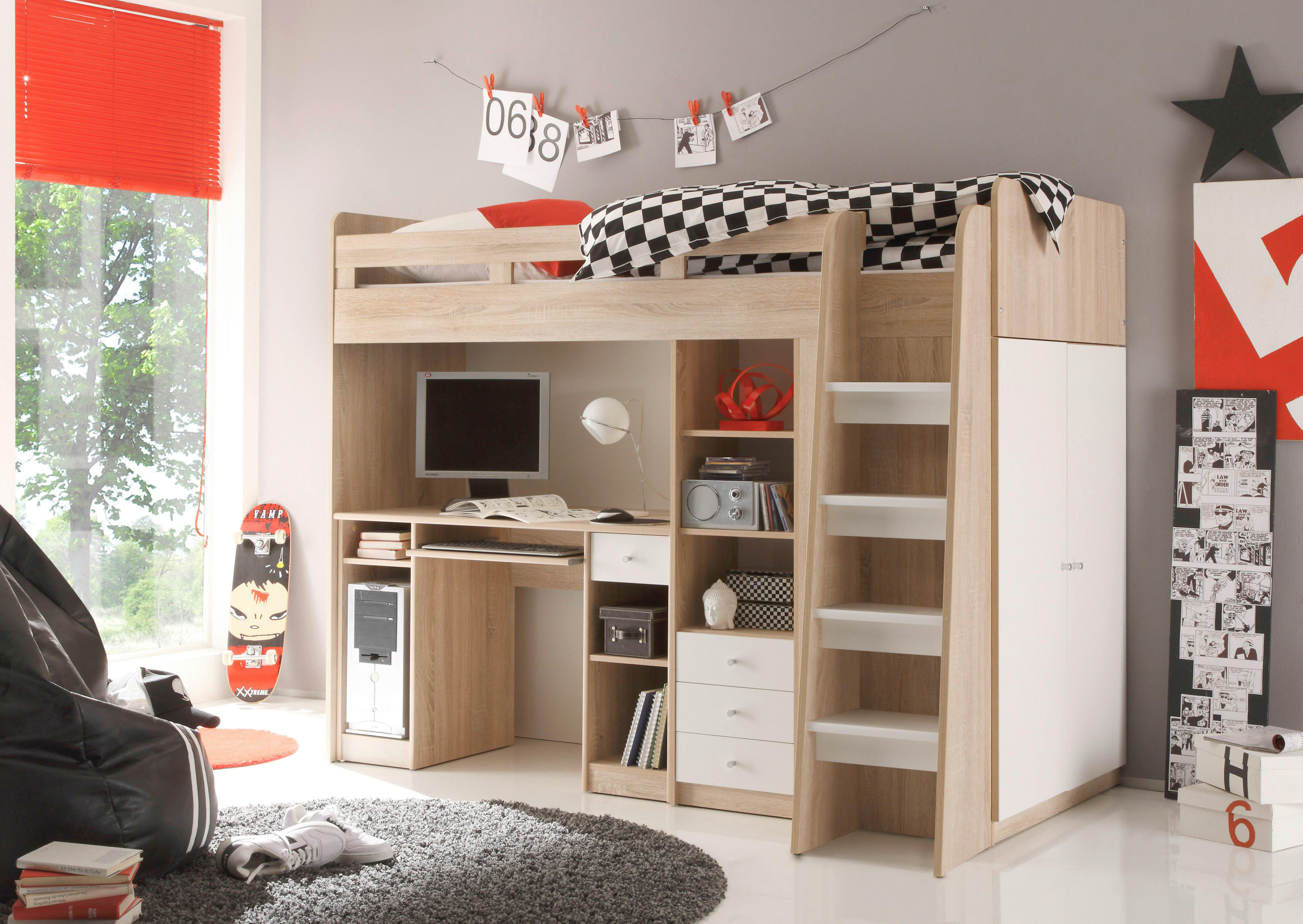 Hochbett Unit weiß Eiche Sonoma Nachbildung Liegefläche B/L: ca. 90x200 cm Unit - Eiche/weiß (204,00/160,00/112,00cm)