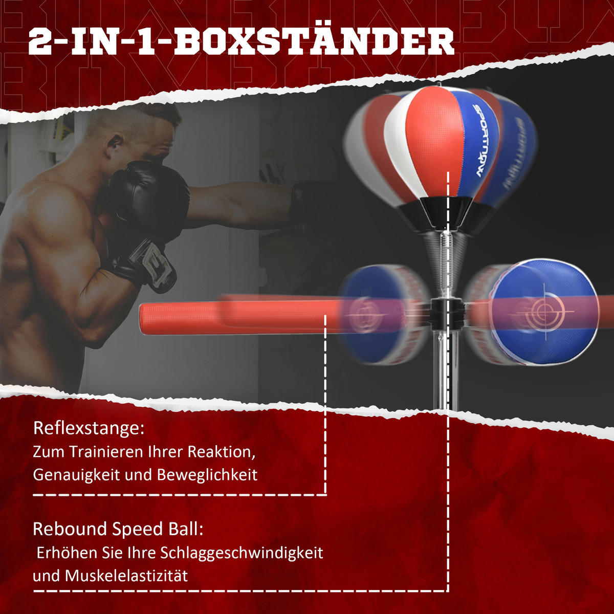 SPORTNOW Fitness-Zubehör schwarz Kunststoff B/H/L: ca. 48x80,5x205 cm Boxständer - blau/rot (205,00/48,00/80,50cm) - SPORTNOW