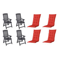 PROGARDEN,MADISON Klappsessel Set + Auflagen Tampa rot Kunststoff B/H/L: ca. 61x109x60 cm Tampa - rot/anthrazit (60,00/61,00/109,00cm) - PROGARDEN,MADISON