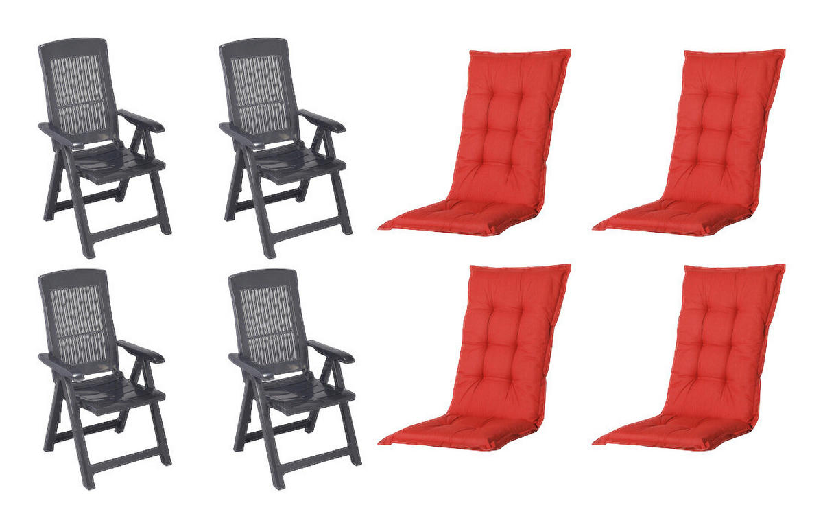 PROGARDEN,MADISON Klappsessel Set + Auflagen Tampa rot Kunststoff B/H/L: ca. 61x109x60 cm Tampa - rot/anthrazit (60,00/61,00/109,00cm) - PROGARDEN,MADISON