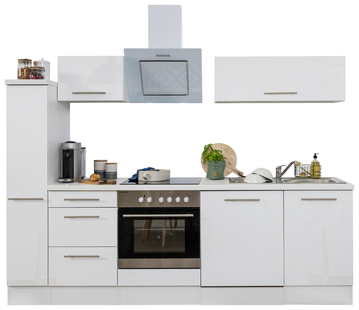 Respekta Küchenblock Amanda weiß Hochglanz B/H/T: ca. 250x200x60 cm Amanda - weiß/Edelstahloptik (250,00/200,00/60,00cm) - Respekta