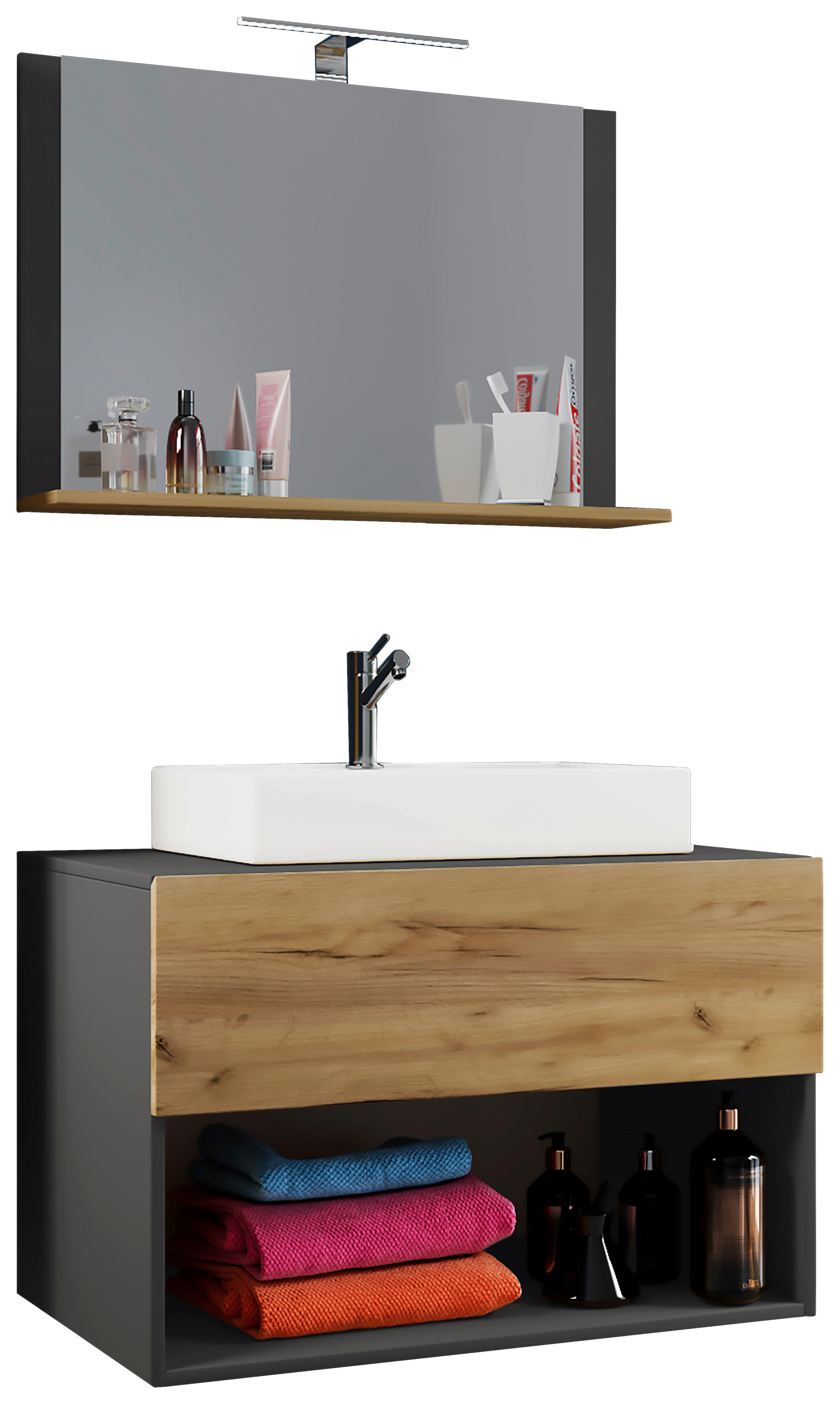 Waschplatz 3tlg-Lendas Eiche Honig Nachbildung anthrazit B/H/T: ca. 80x107x52 cm 3tlg-Lendas - Eiche/anthrazit (80,00/107,00/52,00cm) - VCM Möbel