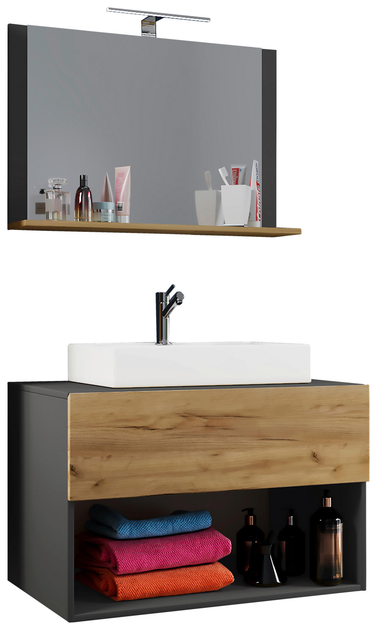 Waschplatz 3tlg-Lendas Eiche Honig Nachbildung anthrazit B/H/T: ca. 80x107x52 cm 3tlg-Lendas - Eiche/anthrazit (80,00/107,00/52,00cm) - VCM Möbel