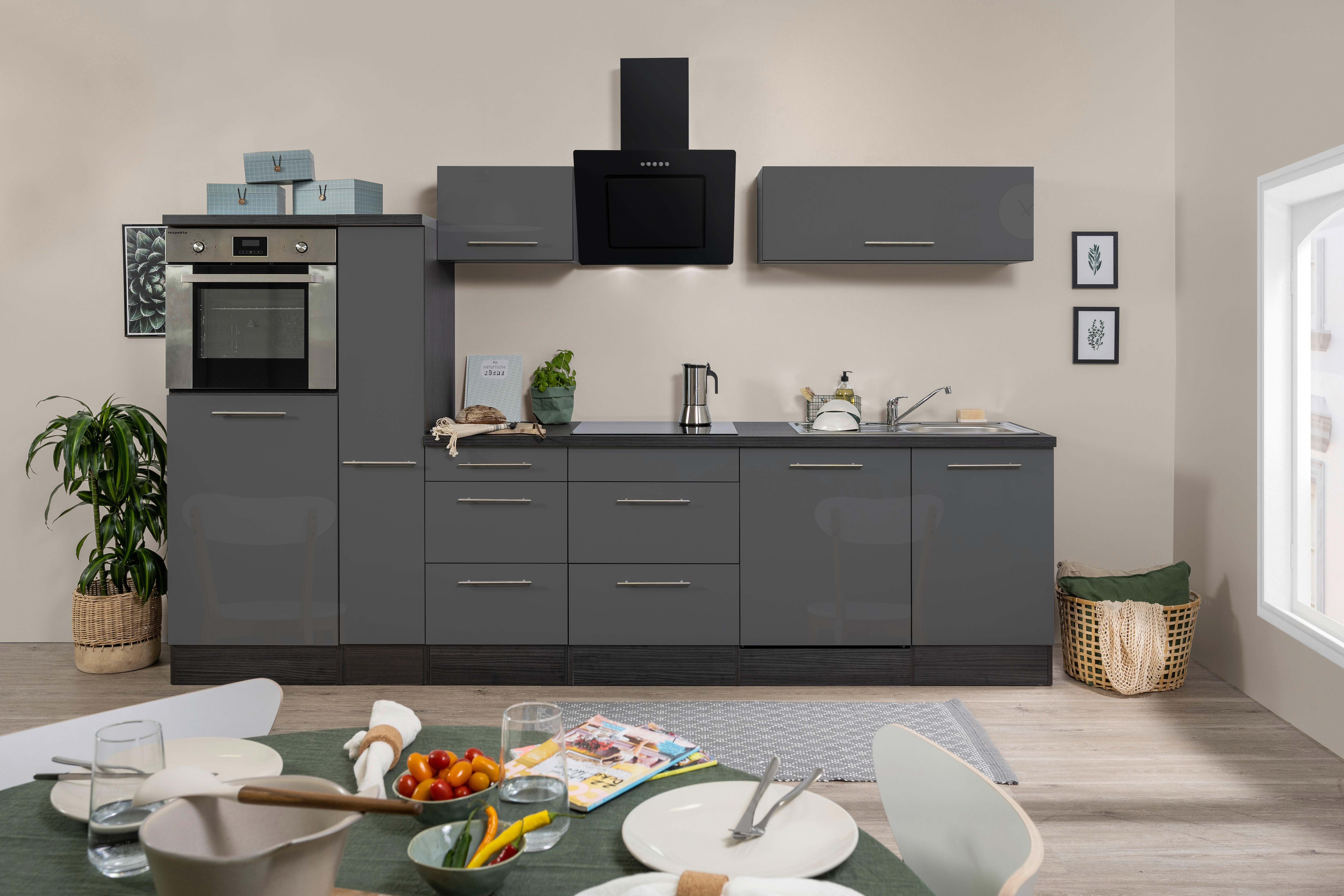 Respekta Küchenblock Amanda grau Hochglanz B/H/T: ca. 310x200x60 cm Amanda - Edelstahloptik/grau (310,00/200,00/60,00cm) - Respekta