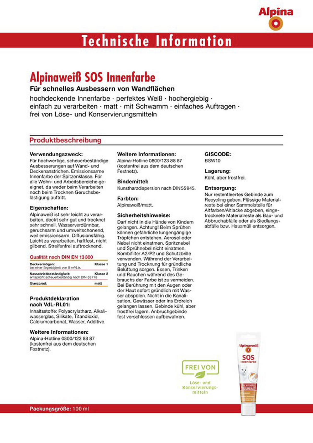 Alpina Raumfarbe SOS Innenfarbe weiß ca. 0,1 l SOS Innenfarbe - weiß (100ml) - alpina