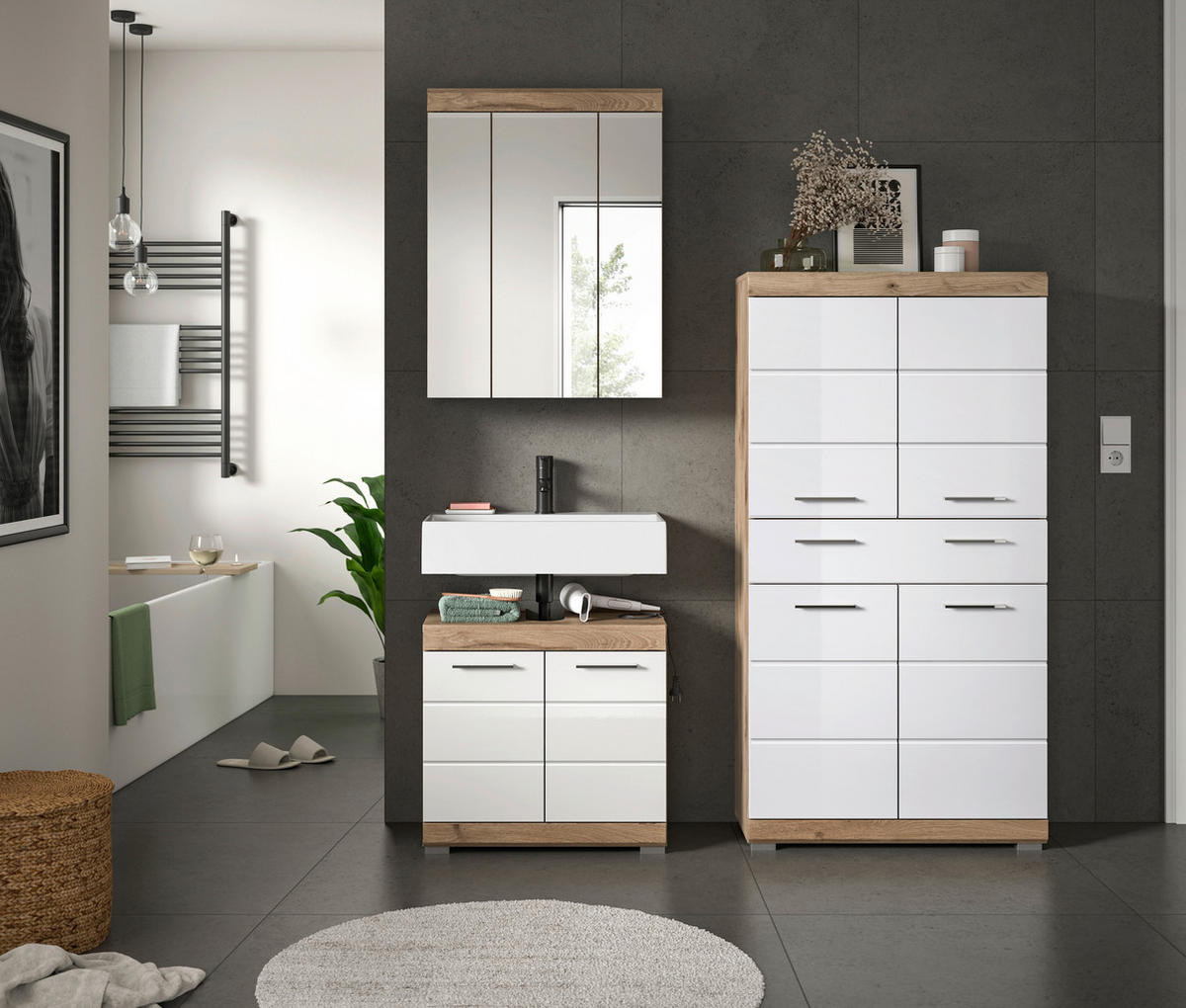 Badezimmer-Set Wave weiß Hochglanz Nox Oak Nachbildung B/H/T: ca. 149x191x34 cm Wave - weiß (149,00/191,00/34,00cm) - xonox.home