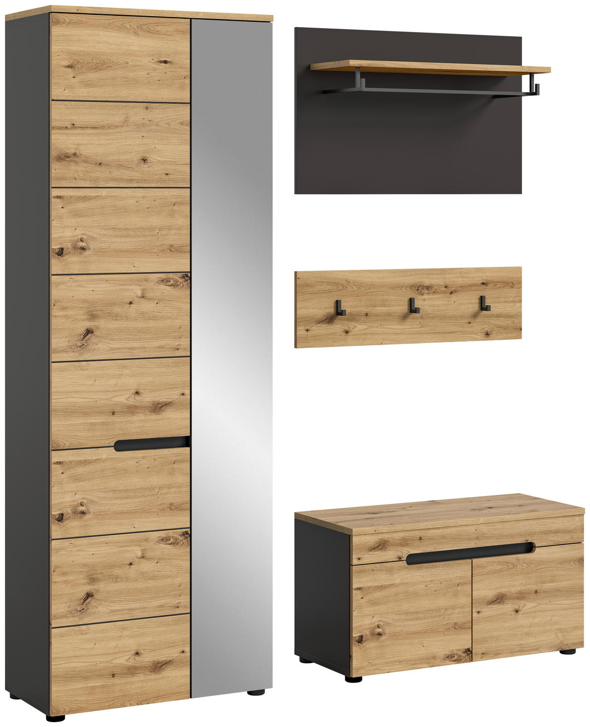 Garderobenset CANU edles Basaltgrau Nachbildung Eiche Artisan Nachbildung B/H/T: ca. 160x190x37 cm CANU - Eiche/edles Basaltgrau (160,00/190,00/37,00cm) - xonox.home