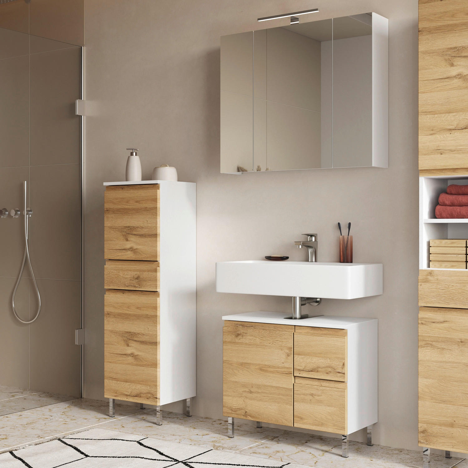 Badezimmer-Set 7965-559 weiß Eiche Grand-Son Nachbildung B/H/T: ca. 109x190x34 cm 7965-559 - Eiche/weiß (109,00/190,00/34,00cm) - Germania