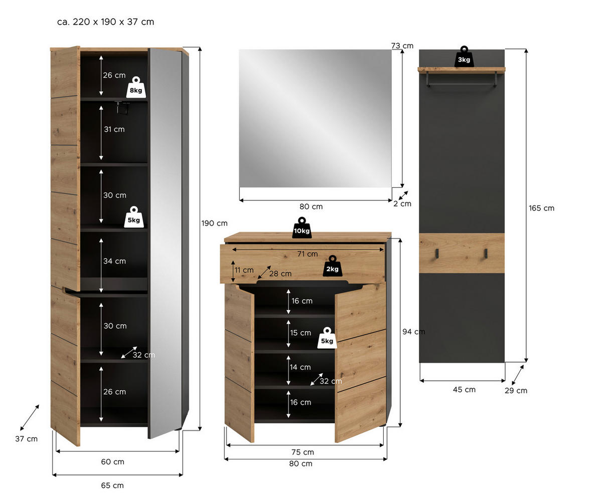 Garderobe Canu basaltgrau Nachbildung Artisan Nachbildung B/H/T: ca. 220x190x37 cm Canu - basaltgrau (220,00/190,00/37,00cm) - xonox.home