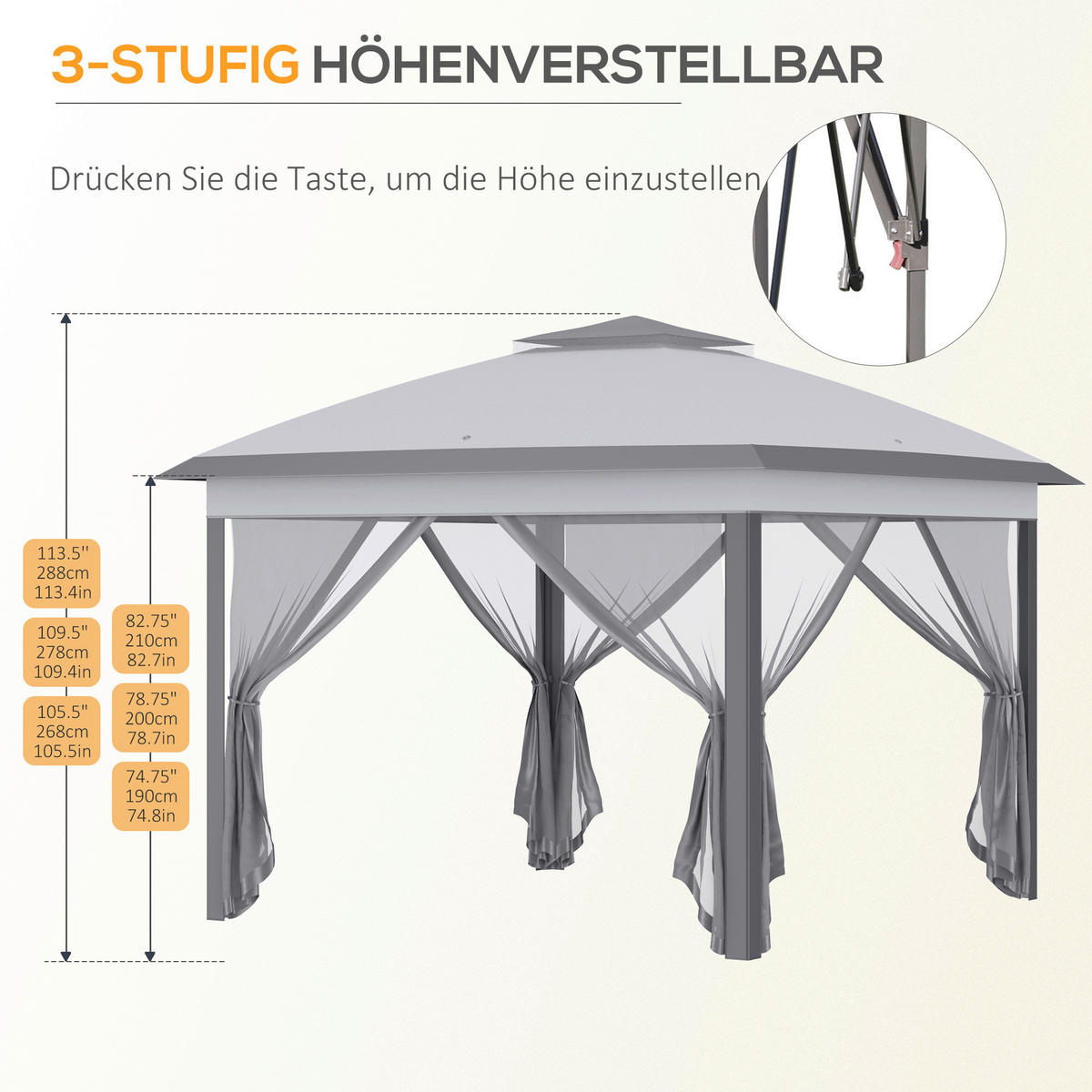Outsunny Pavillon grau Metall B/H/L: ca. 330x288x330 cm Pavillon - grau (330,00/330,00/288,00cm) - Outsunny