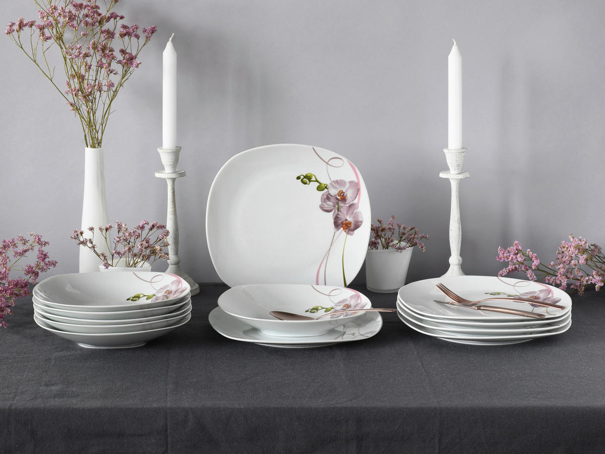 CreaTable Tafelservice Square Orchidee weiß Porzellan 12 tlg. Square Orchidee - weiß/mauve - CreaTable