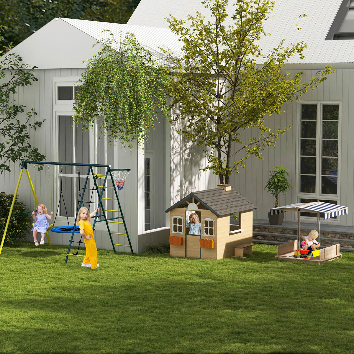 Outsunny Kinderschaukel gelb B/H/L: ca. 180x202x267 cm Kinderschaukel - gelb/grün (267,00/180,00/202,00cm) - Outsunny
