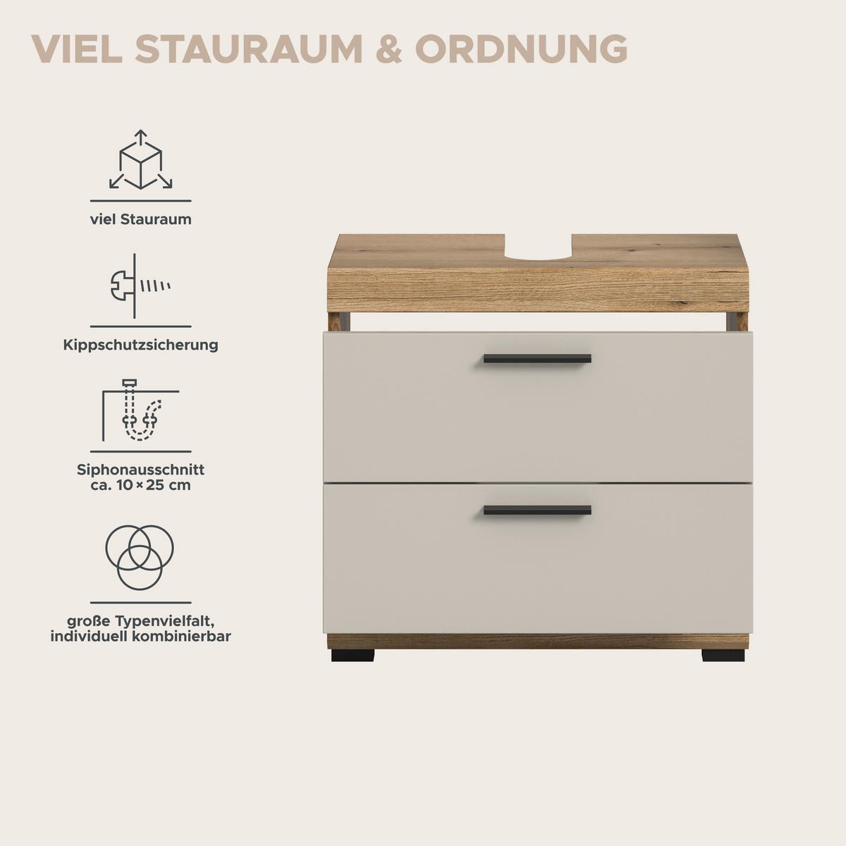 Waschbeckenunterschrank Scout Evoke Oak Nachbildung Kaschmirgrau Nachbildung B/H/T: ca. 60x56x34 cm Scout - Kaschmirgrau (60,00/56,00/34,00cm) - xonox.home