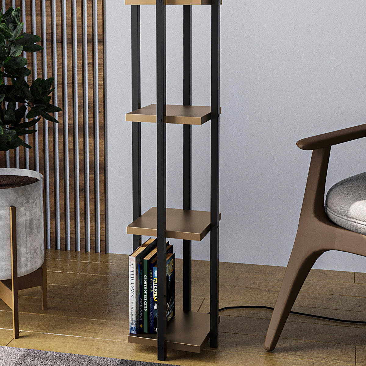 Opviq Stehleuchte gold schwarz Stoff B/H/T/L/D: ca. 25x130x25x25x25 cm E27 1 Brennstellen Stehleuchte_Shelf_Lamp-8115 - gold/schwarz (25,00/25,00/130,00cm) - Opviq