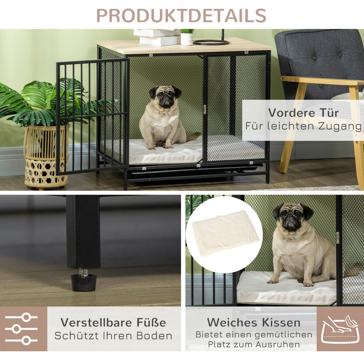 PawHut Hundekäfig Eiche PVC B/H/L: ca. 55x71x80 cm Hundekäfig - Eiche/schwarz (80,00/55,00/71,00cm) - PawHut