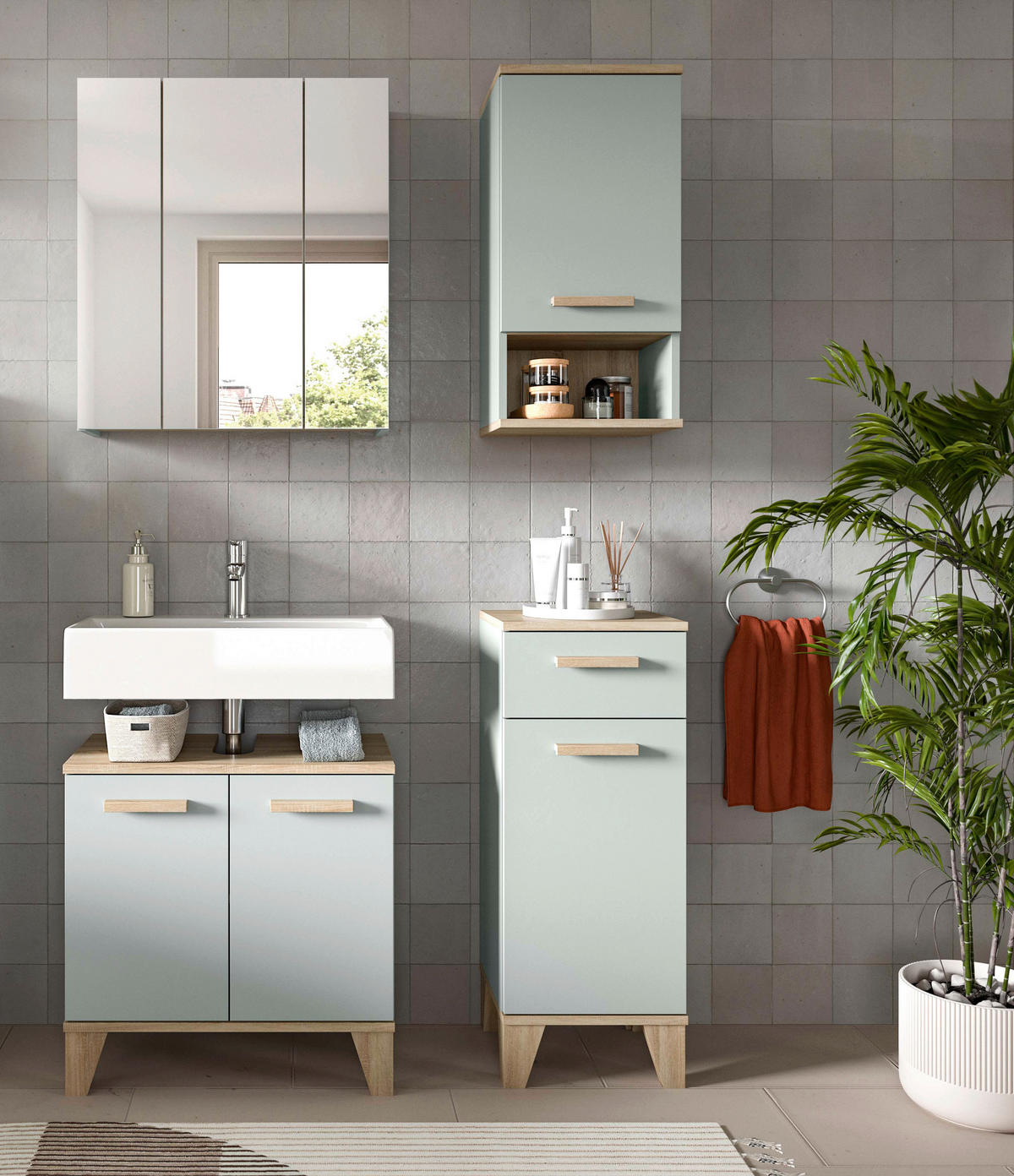 Badezimmer-Set STAR hellgrün Eiche hell Nachbildung B/H/T: ca. 109x190x34 cm STAR - hellgrün (109,00/190,00/34,00cm) - xonox.home